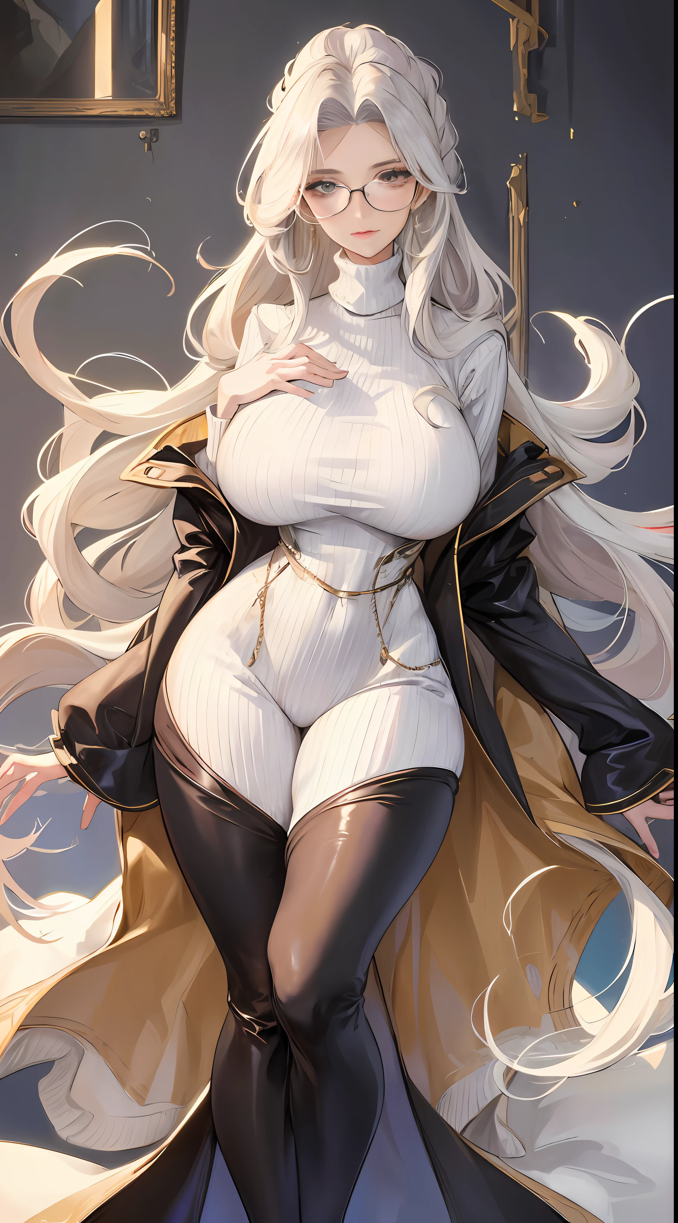 wind coat, Tall and long legs, Beautuful Women, Mature woman, Perfect face shape, Big breasts teacher, long whitr hair, rimless eyewears, One person fills the picture, The upper part of the body, incomparably huge boobs, A chunky sweater with a high neck wraps around the chest, skinny pants