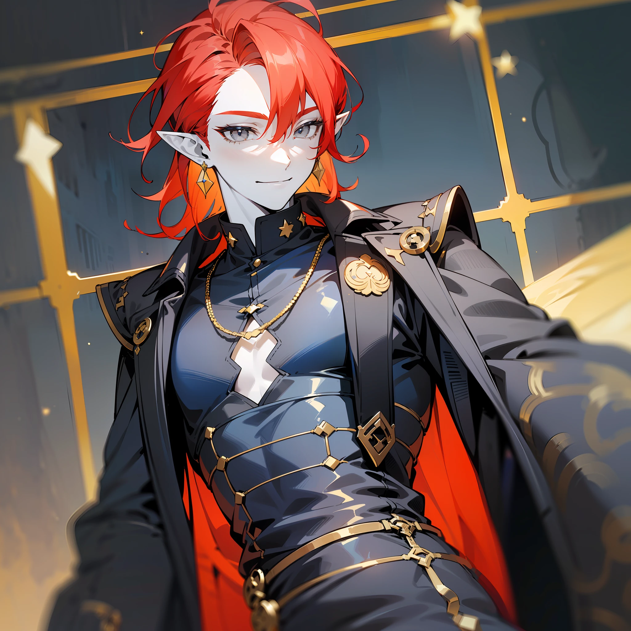 young man, (((male))), man, (((one person))), (((single))), (((solo))), ((1guy)), (((very pale skin))), ((pale skin)), (((red hair))), ((red colored hair)), (((grey colored eyes))), long hair, (((slim body))), slender body, slim figure, (((flat chest))), ((black colored fabric)), (((indigo colored fabric))), ((dark blue colored fabric)), (golden patterns), ((wearing golden accessories in his hair)), ((golden jewellery)), ((pointy ears)), (((grey eyes))), smooth skin, stars decoration, (male face), smiling, (((kpop style))), (((futuristic style))), (((wearing modern clothes))), (((street fashion))), (((wearing a kpop outfit)))