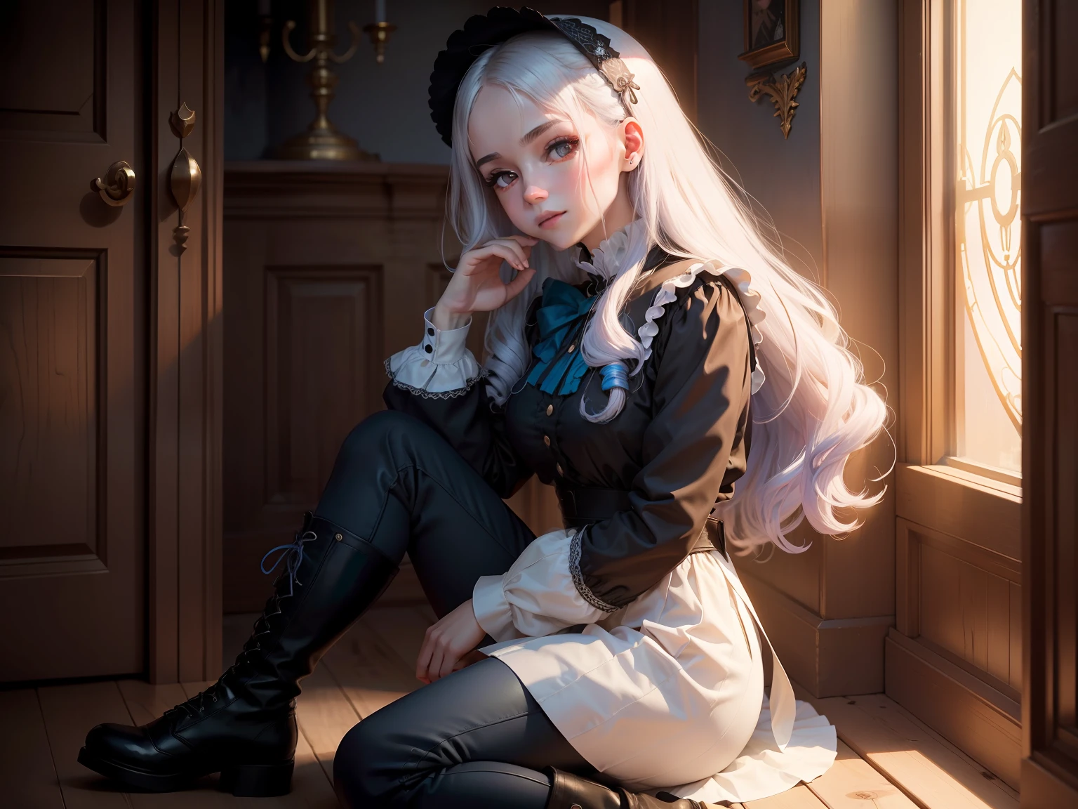 {{{1girl, }}} Una hermosa, Encantadora joven victoriana, 20 years old, ojuelos, Gothic setting, sweet expression, Con la cara de Charity Wakefield, Ilustraciones de Atey Ghailan, colores vibrantes, pale hair, Cabello largo, ojos rojos, They are smiling, Camisa sin mangas, pantalones sueltos, Guantes largos, Botas, Traje de sacerdote azul con detalles dorados, Rezando