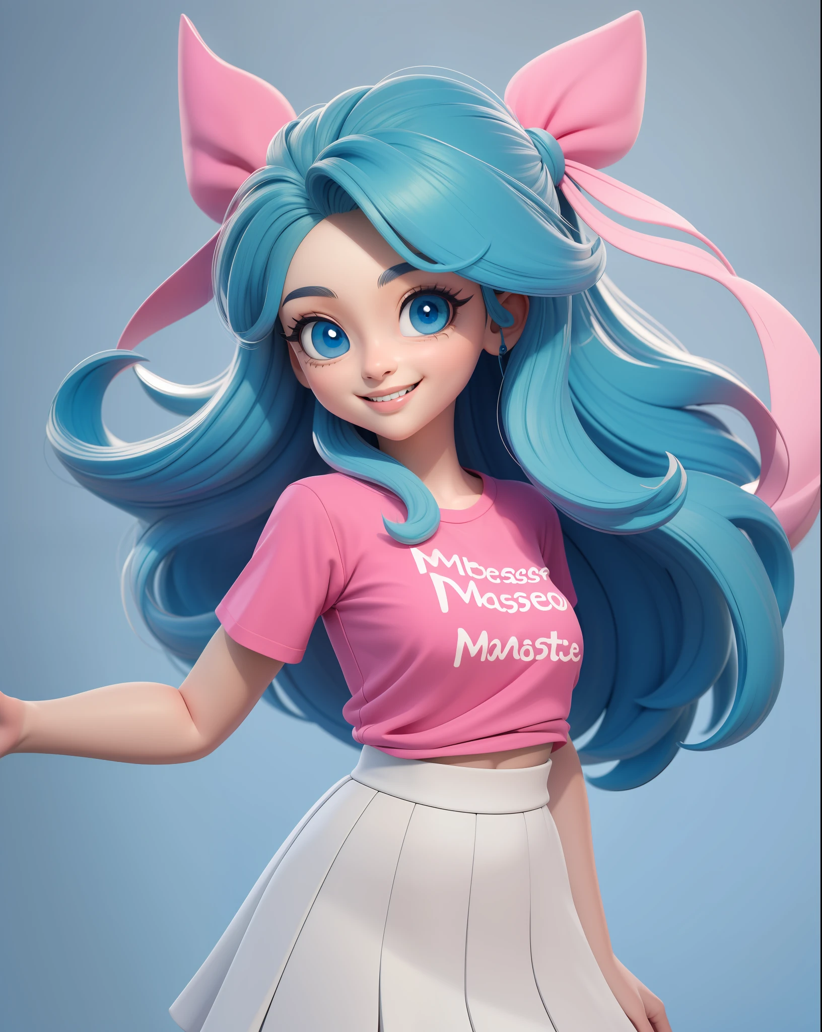 (masterpiece:1.5), (best quality:1.5), 3dmm,highres, highly detailed,3DG,3d,1girl, big blue eyes, long blue:green:0.5 hair, Pink T-shirt, white skirt, smiling, looking at viewer, cute, clean background, (perfect face:1.1), perfect eyes,