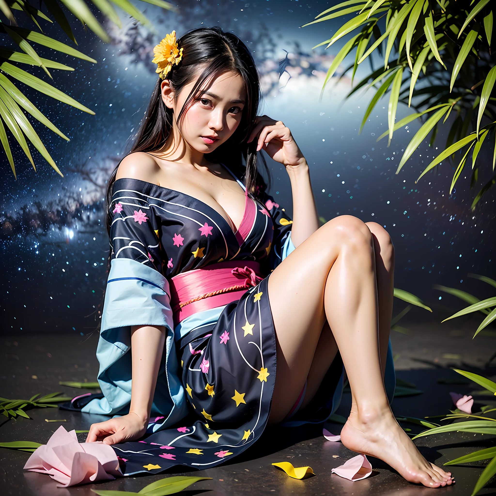 Masterpiece, highest quality, realistic, (((Tanabata Festival: 1.8)))), ((Star Festival: 1.5)), (Orihime, who is waiting in a yukata, has long black hair and a large star-shaped hair ornament and looks sideways at the viewer with a lonely expression)))), (((Galactic stars in the dark night sky)), 20 years old, full body, photorealistic, ((leans on bamboo with a large amount of thin colored paper)), calves, barefoot, Colored paper confetti