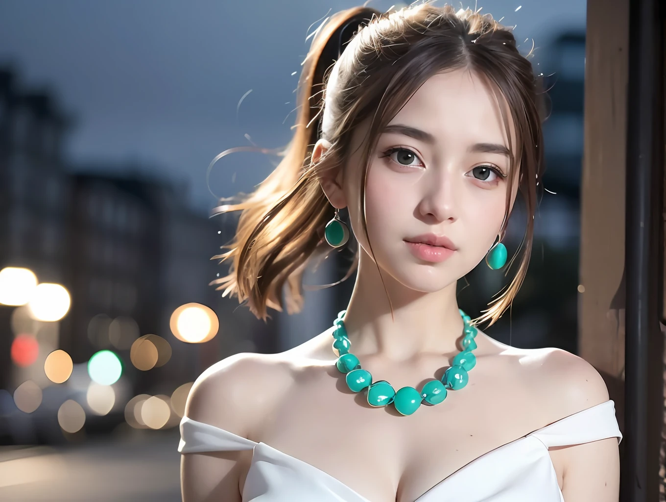 (standing on a dark street), (street lamp), (low key lighting), (night), casual pose, (extremely delicate and beautiful work), (masterpiece), 1girl, a girl in a white dress, highly detailed, leaky Waist, twisted ponytail, charming expression, beautiful clear eyes, green pupils, exquisite necklace, exquisite earrings, fairy ears, simple blurred background, extremely detailed description, beautiful, charming, ultra-fine painting, exquisite face, exquisite figure, exquisite clavicle, cute lips, beautiful breasts, soft back, mix4,(8k, RAW photo, best quality, mastery:1.2), (realistic, photo-realistic:1.37),1girl,cute,cityscape, night, raw, wet, professional lighting, photon mapping, radiosity, physically based rendering,