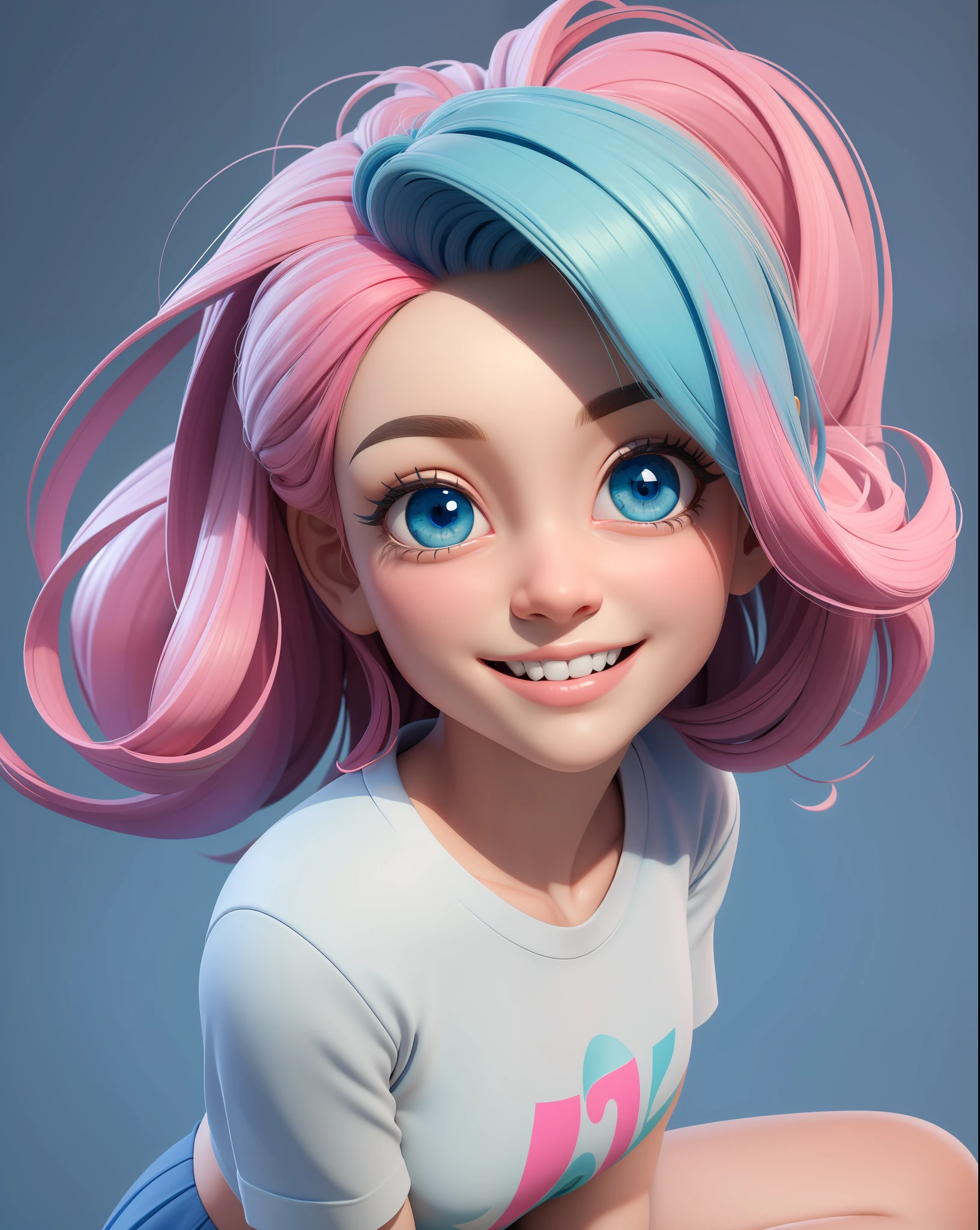 (masterpiece:1.5), (best quality:1.5), 3dmm,highres, highly detailed,3DG,3d,1girl, big blue eyes, long blue:green:0.5 hair, Pink T-shirt, white skirt, smiling, looking at viewer, cute, clean background, (perfect face:1.1), perfect eyes,