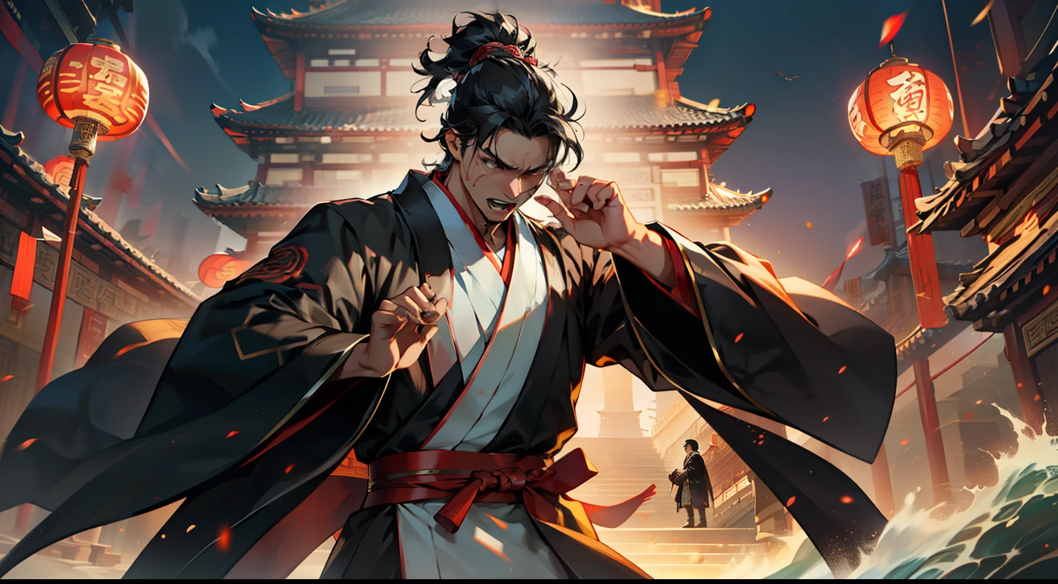 Libido boy, (((Black coat))),((Black Hanfu youth)), (((Black hair))),, Gorgeous, Painful expression,Wave with both hands,Roared,Roared,bellow,(Background: Inside the sacred and magnificent ancient Chinese imperial palace)