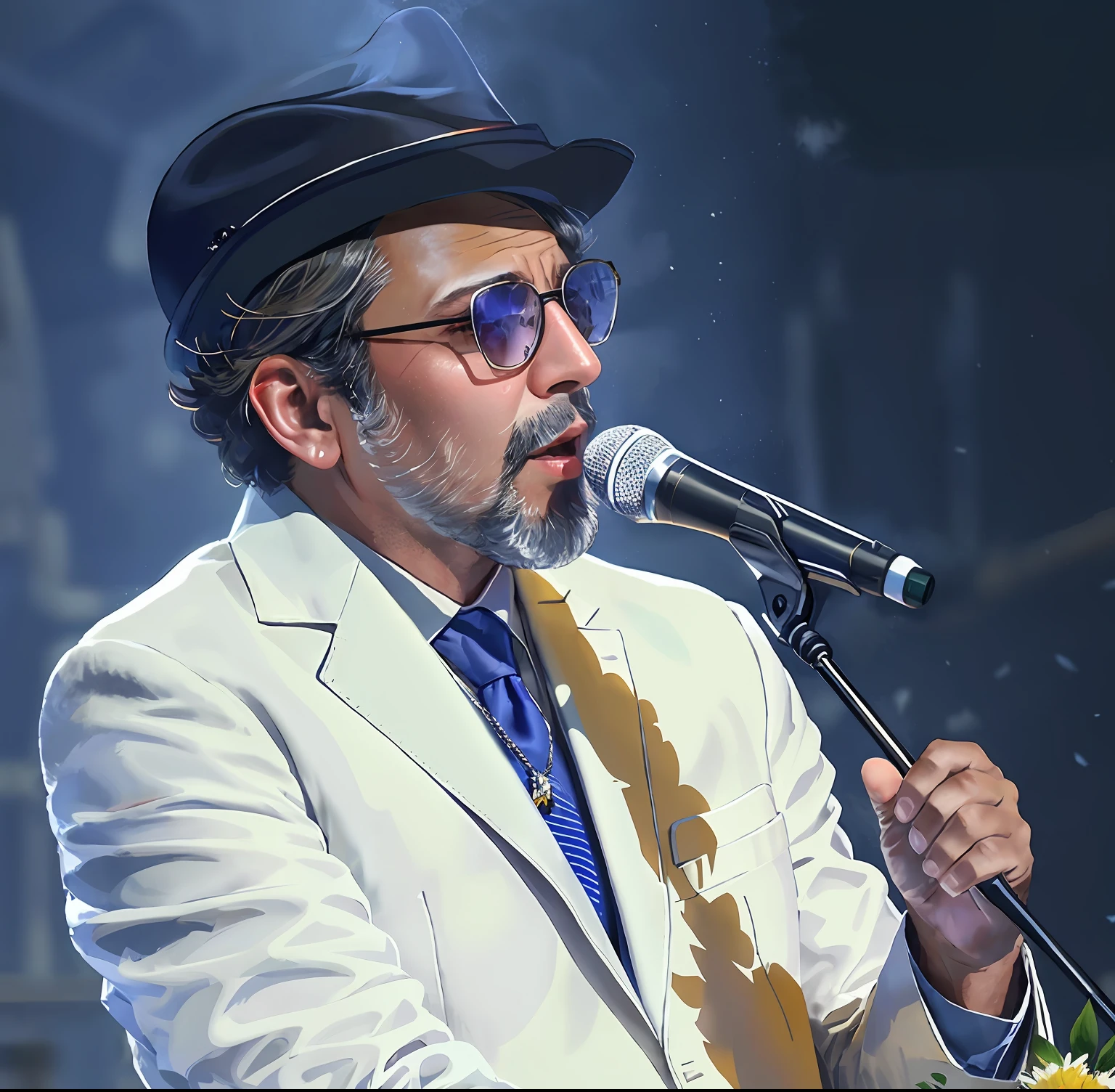 Araffe man in a white suit and hat, microfone, instagram post, fidelity to the reference photo, no terno tem a sombra do microfone