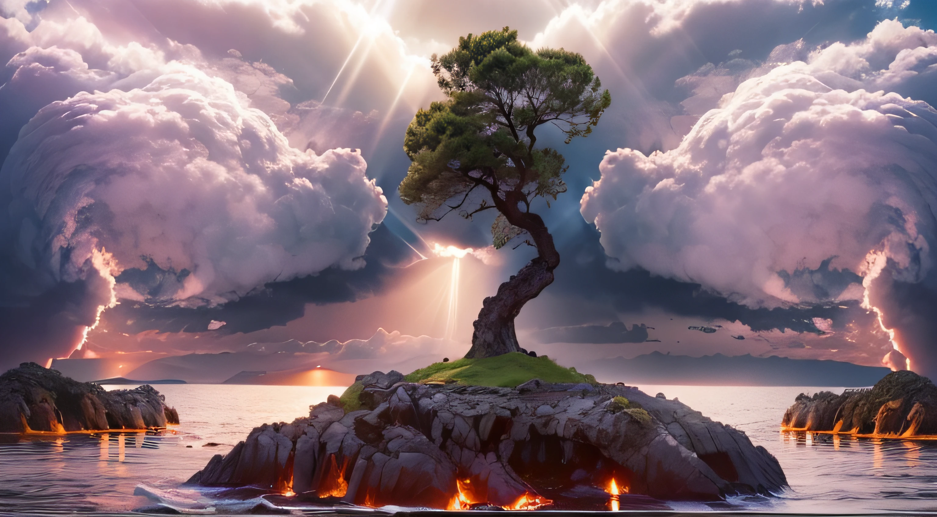 （Immersive lenses：1.4），（super wide shot：1.3），the ocean，Small island，The tree，（the setting sun），（（a volcano erupts：1.4）），（surrounded by cloud），(Photorealistic:1.4), (Masterpiece, side-lighting,), Photorealsitic， Solo, embarressed, (midriff),（super-fine），Detailed pubic hair，Accurate，（Works of masters），（best qualtiy），8K分辨率
