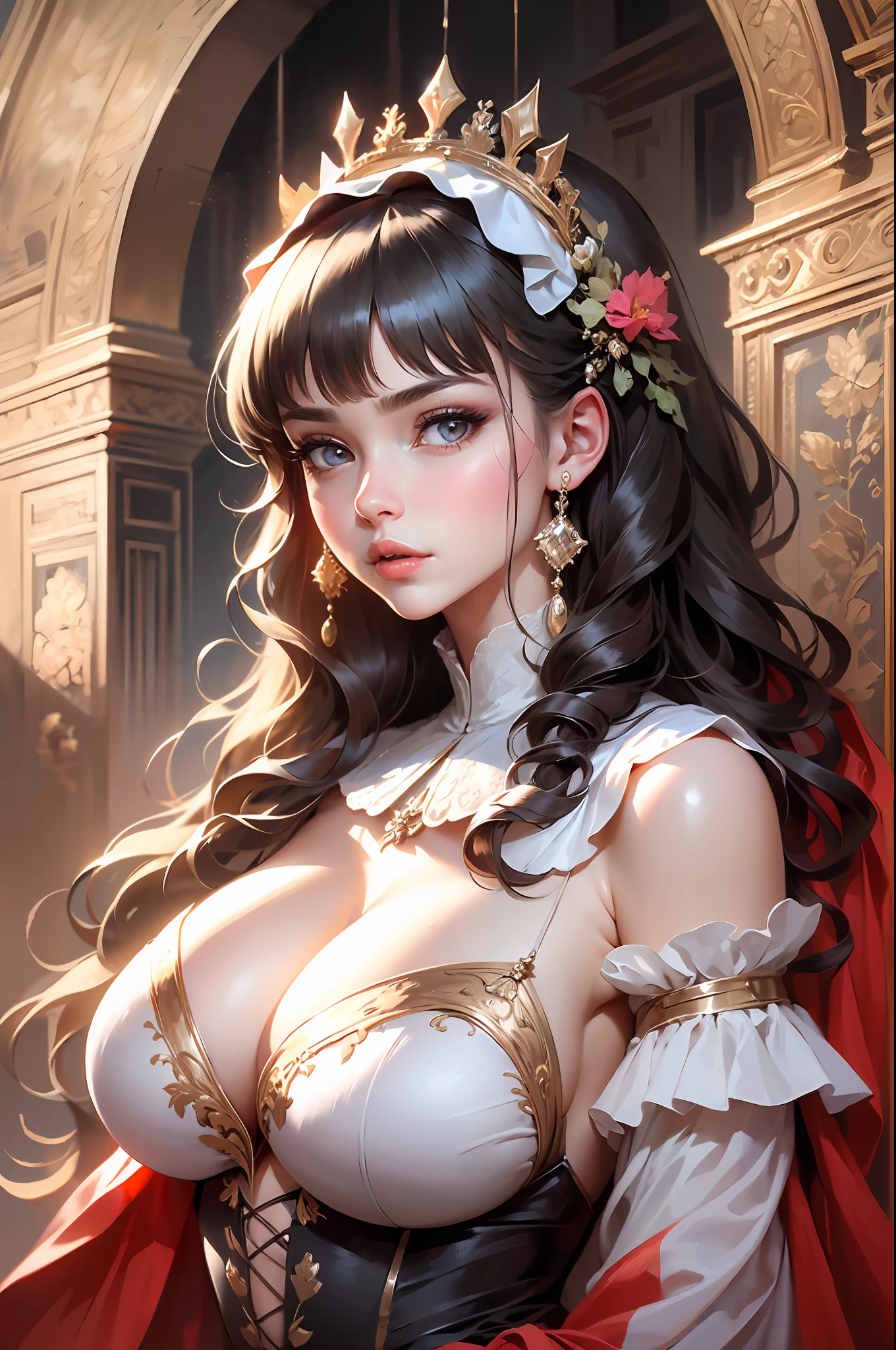 tmasterpiece,best qualtiy,8K,k hd,Detailed pubic hair,1 ,By bangs,Young,medieval times,Victoria maid,(Lace-up waistband),Detailed background of the royal interior,Royal Gorgeous Style,Photorealistic,Very detailed eyes and face, Beautiful detailed eyes, Extremely sexy, Bigboobs,Slim,Bigchest,Big breasts Thin waist,Shiny skin,The upper part of the body