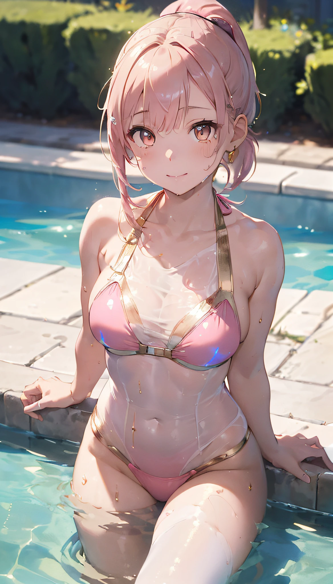 (Master masterpiece:2)、(((extremely fine and beautiful)))、(16 K:2)、(The wettest one girl:1.6)、(Clarity Metallic Hologram See-Through Bikini:1.6)、(medium large breasts)、(Transparent skin:1.6)、(Long pale pink ponytail hair:1.8)、(Golden Eyes:1.8)、(Nominal body type)、(Glamorous:1.4)、(musculature:1.4)、(thin legs:1.6)、(cute little)、(A smile)、(swimming pool in the background:1.6)、Correct anatomy、Good anatomy、Five Fingers、(((The ultra -The high-definition)))、(Ulutra HD)、(ighly detailed)), ((Very detailed and beautiful)), ((Very detailed and beautiful)), (luminism)),