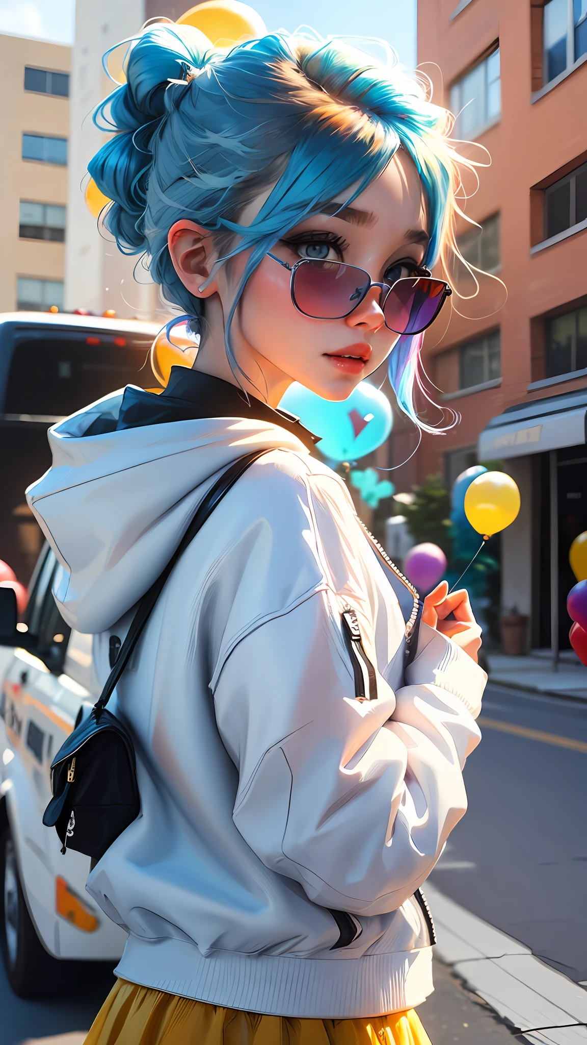 Loli girl, beautiful and cute, wearing blue sunglasses, yellow jacket, white sweatshirt, lots of colorful balloons, baby face, chibi style, red and blue two-color hair, ponytail braided hair, perfect detail eyes, delicate face, perfect CG, HD picture quality, colorful balloons, sky, a white truck parked in front of a building, --auto --s2