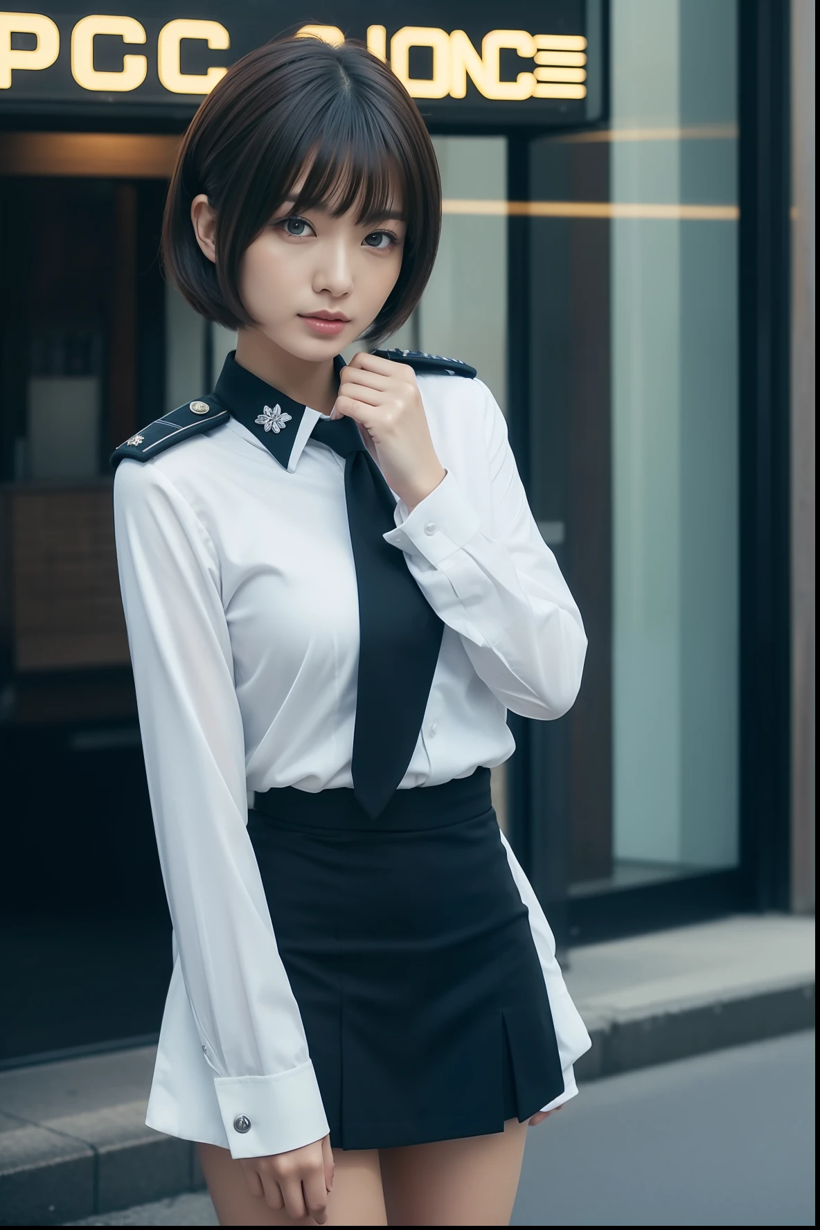 ((policewoman))、An unparalleled beauty who works for the police、Tokyo Street、((a miniskirt))、((Revealing uniforms))、Short-cut hairstyles 、Women in Japan、Photorealsitic、Beautiful detailed eyes、Hyper-Realism、highcontrast、Ultra HD、realistic skin textures、Top image quality、top-quality、超A high resolution、Fine details、Very meticulously