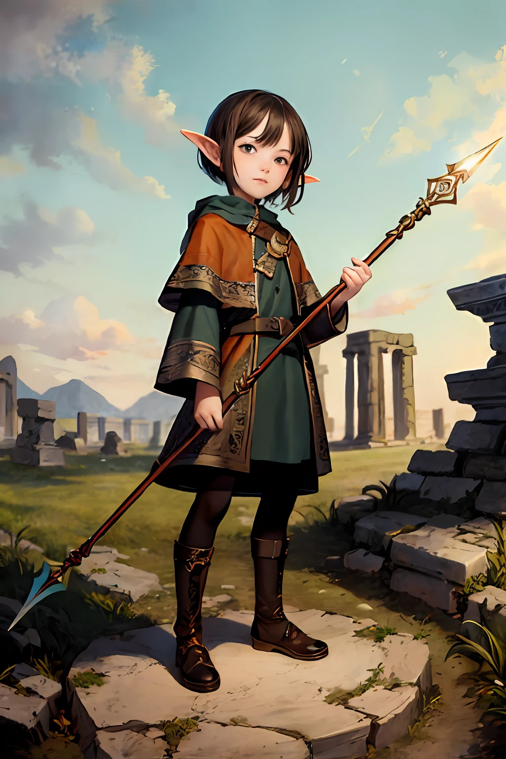 tmasterpiece,highest quality,solo person,Goblins,Holding a rudimentary spear,The goblin is in the middle of the picture,Standing painting,sportrait,Background of stone site of ancient ruins,Wall background