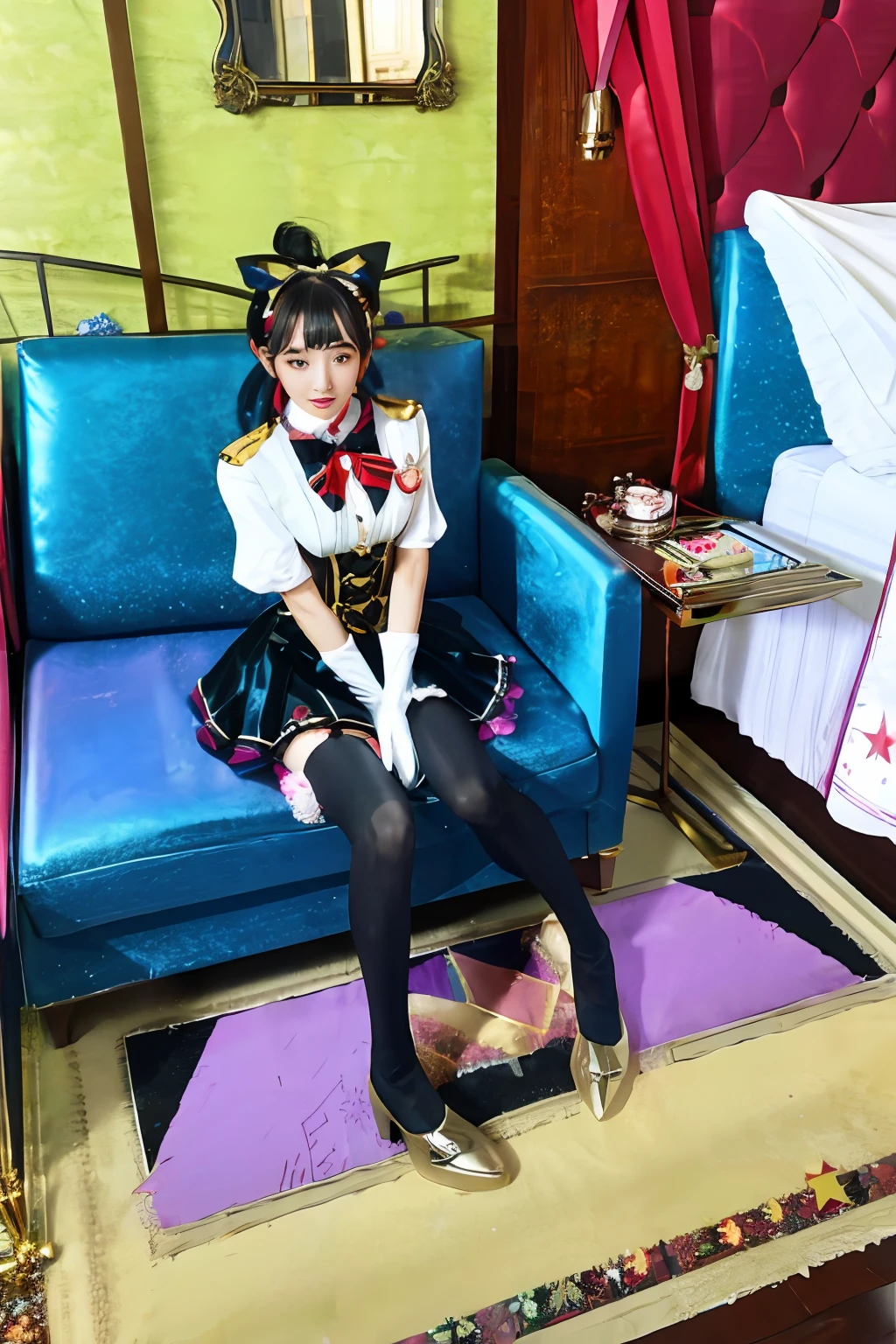 Magical Girl Uniform,black lence stockings,Uniform shoes,Large bow,Noble decoration,The garment has a metallic sheen,Black extra-long gloves,metal decoration,Melon seed face,long white hair