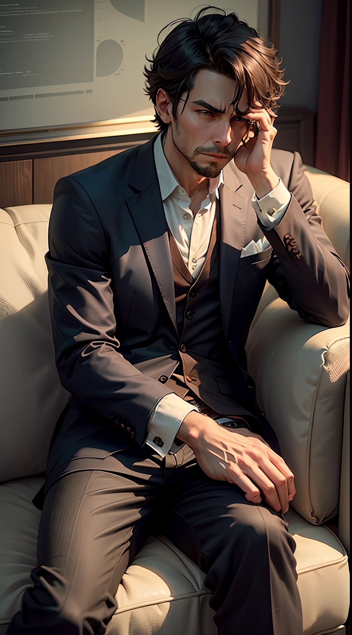A gentleman sitting idle on a couch or staring at a blank screen, representing the lack of progress due to laziness. --auto