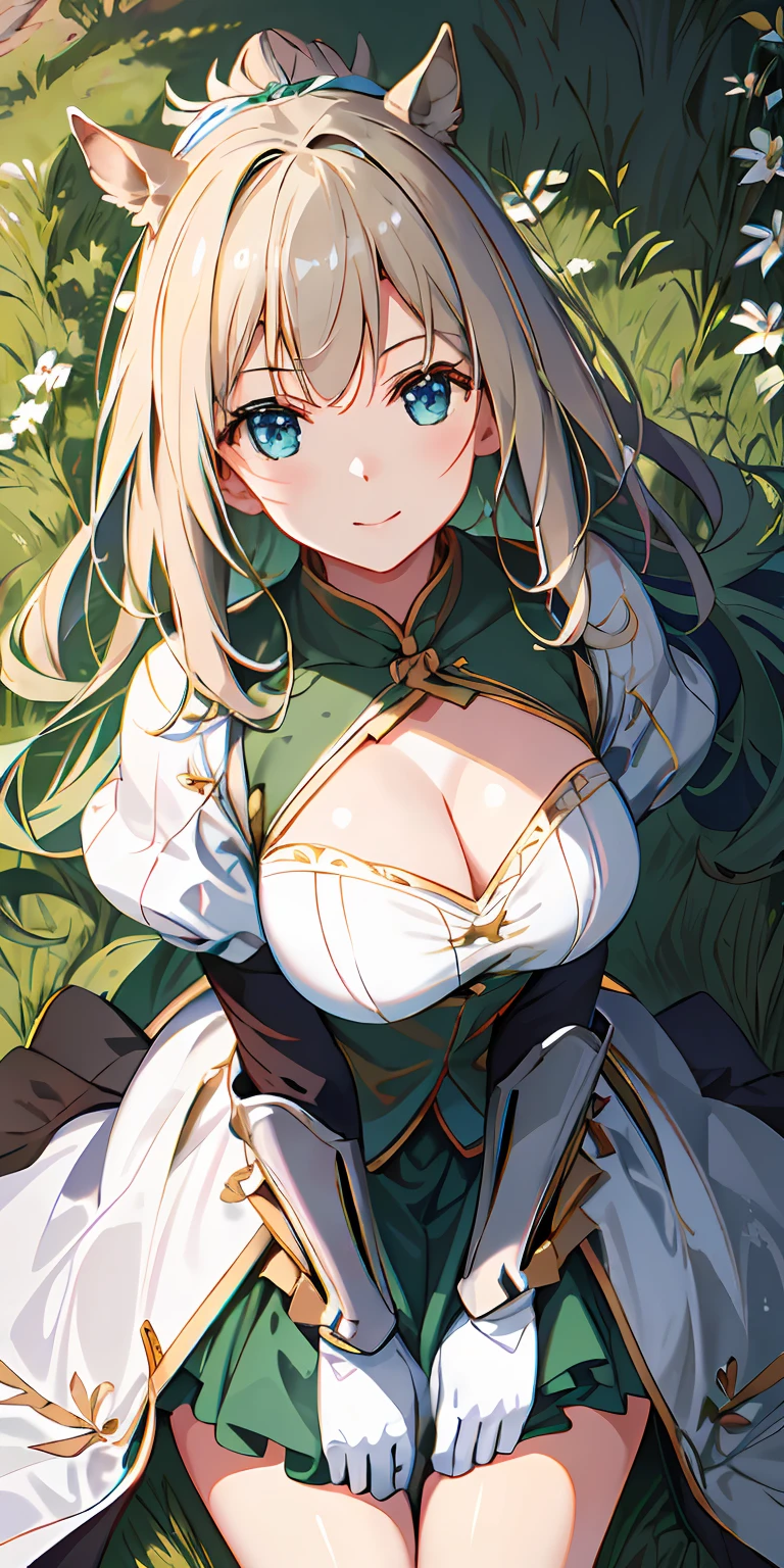 grassy fields, A high resolution, (巨作:1.4), A highly detailed, 1girll, From above, space, ride horse, Bright light armor, Sharp focus, (Cinematic lighting), (1girll), Slight smile,The 5 fingers of each hand are super detailed,