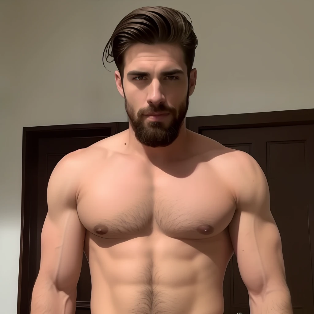 Homem lindo, corpo atletico, branco, olhos azuis, cabelo marrom, barba curta, Strong jaw