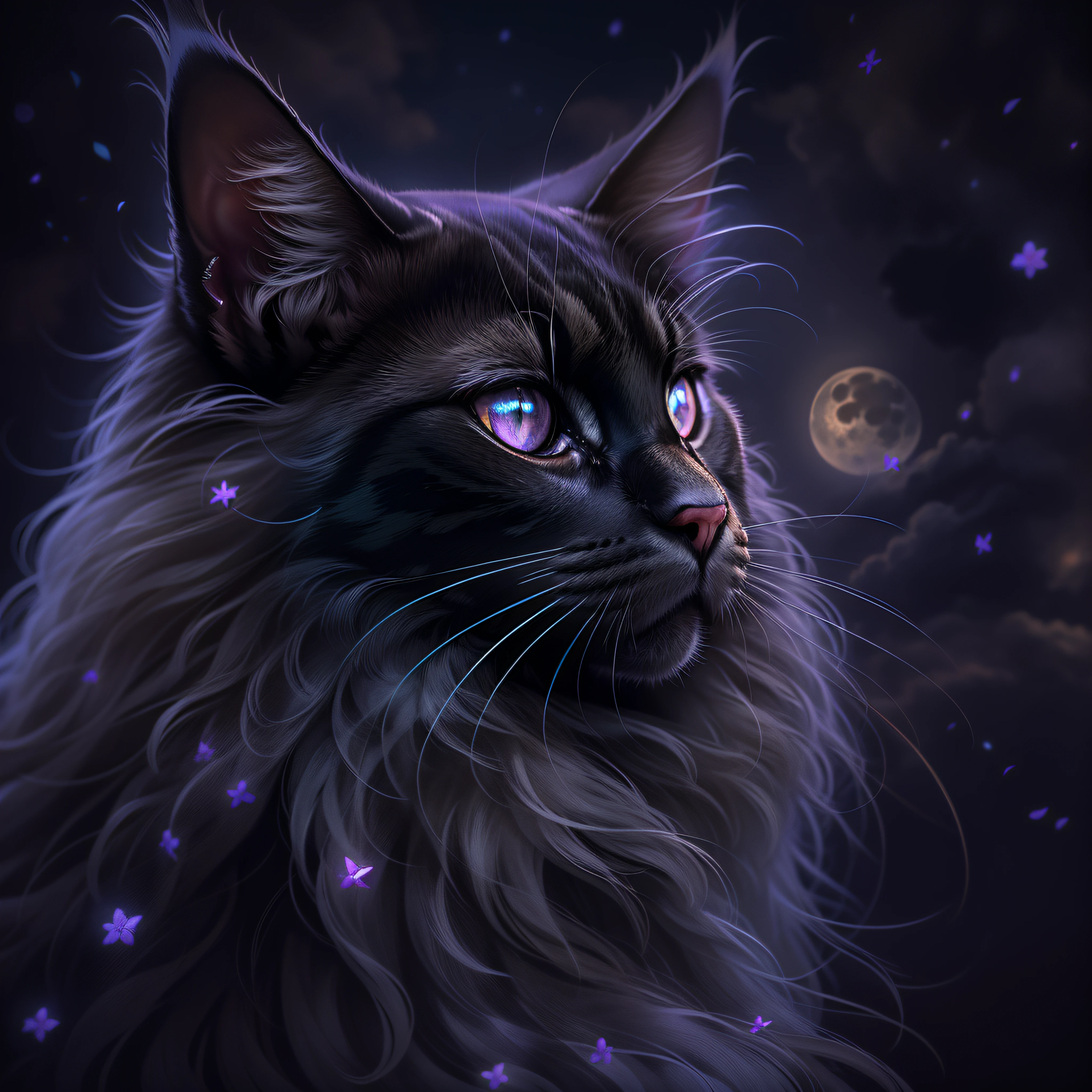 Create an image of a black Maine Coon cat with violet eyes, rosto sereno e olhar confiante. Muito bonito e charmoso. It is a full moon night with endless bright stars in the sky of the most varied colors, a luz da luz ilumina apenas o gato. Make a lighting game between the figure and the background to highlight the cat in the image. hiper detalhada, Hiper realista, in very high resolution. Image with a resolution of at least 300 dpi. Estilo fotorrealismo