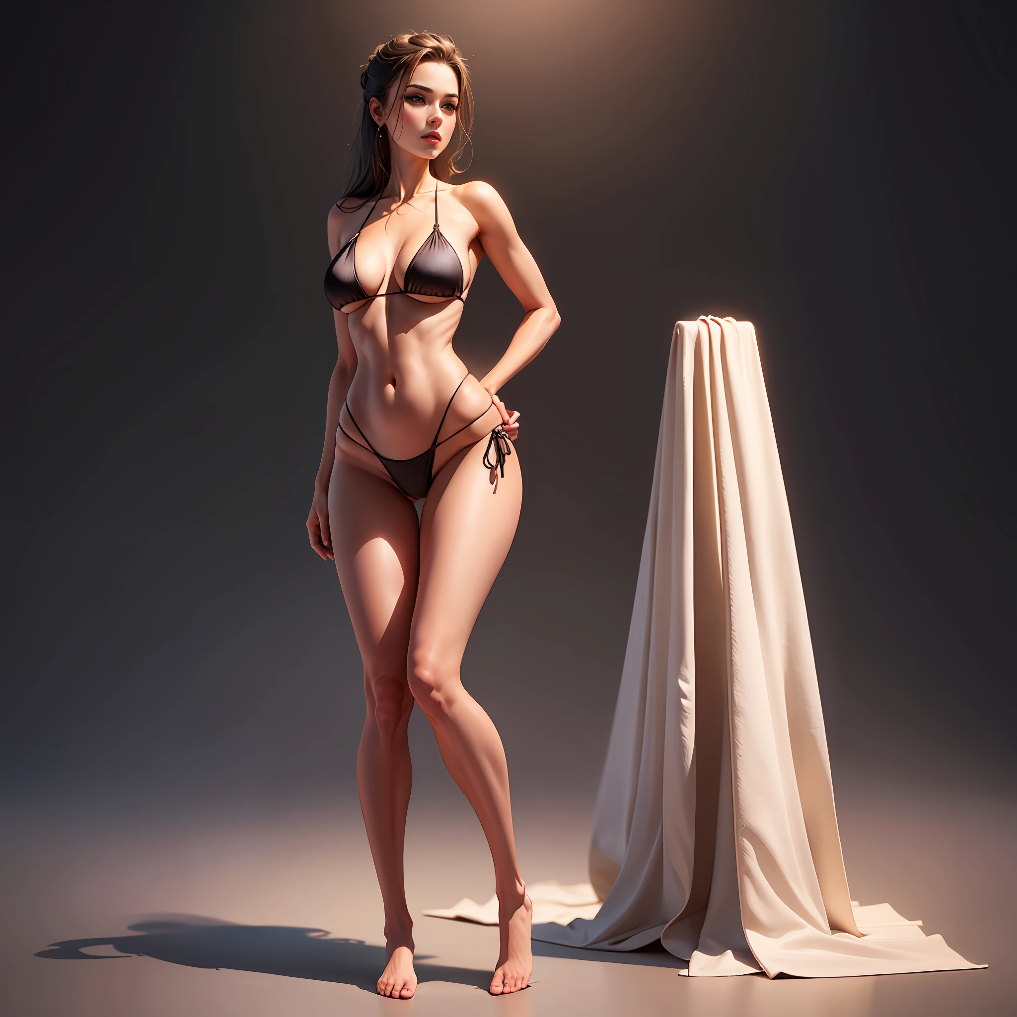 tmasterpiece,A beautiful female model,Superstar,Wearing a silk bikini,Stand on solid background,Natural posture for the whole body,full body detailing,Full-body art,detail in face,Detailed body part details,8k wallpaper,super model,Sexy art,film art,Perfect art