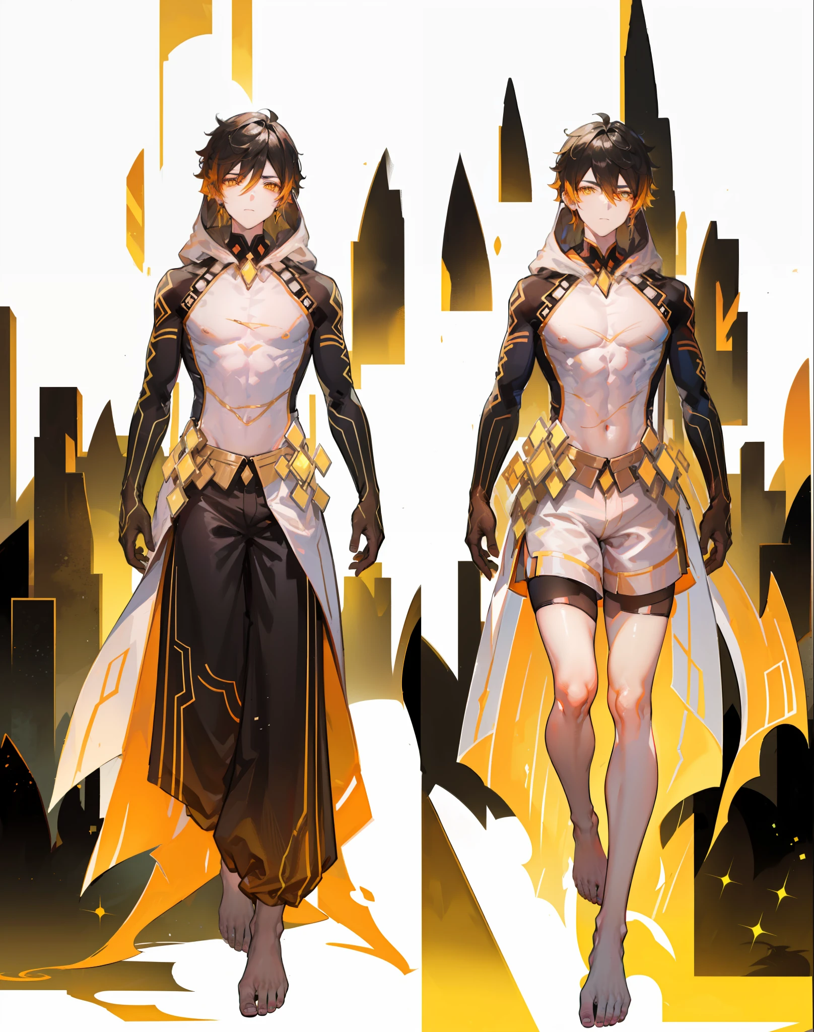 VTuber-fullbody, masterpiece, best quality, morax, 1boy, male focus, black hair, (orange gradient on hair), loose hair, long hair, yellow eyes, bang between eyes, (thin waist), (wide hips), tall male, abs, naked body, only black shorts on him, ((short shorts)), ((naked pecs)), (long legs), ((empty background)), ((white background)), ((naked thighs)), ((Long legs)), ((without hood))