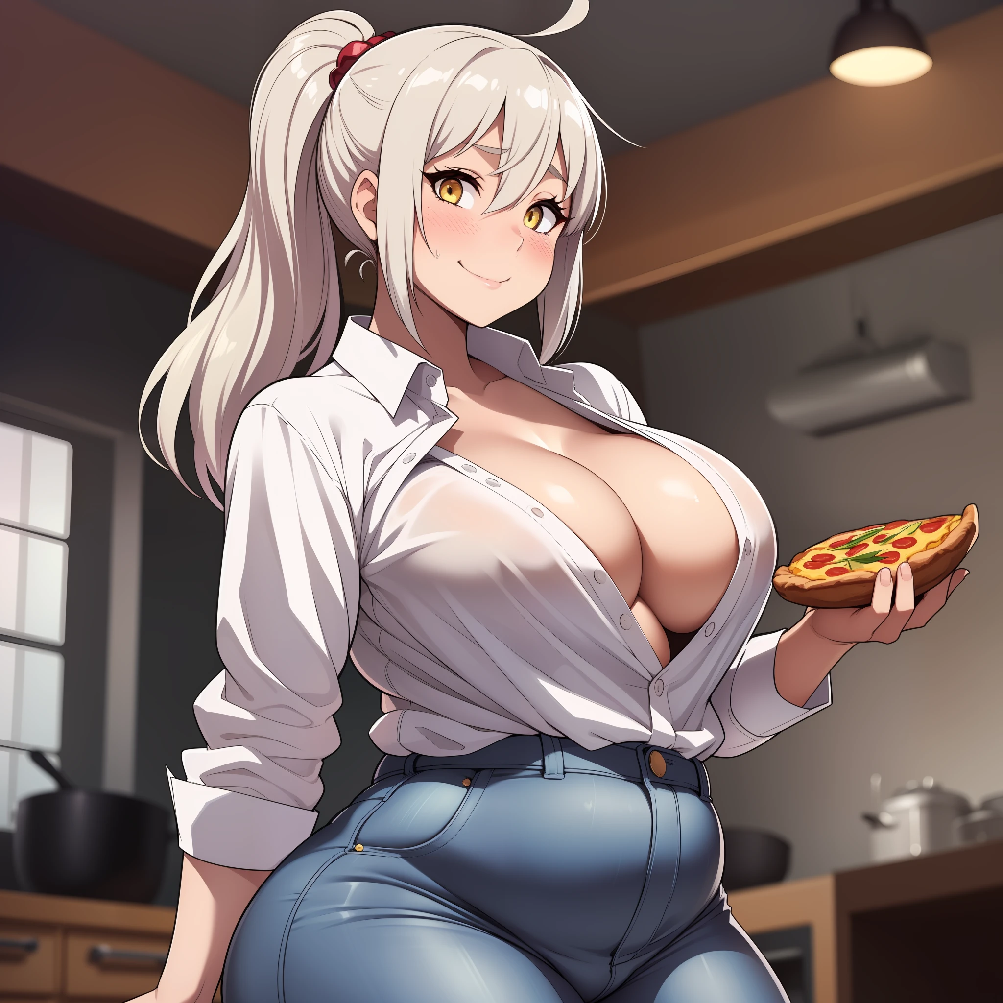 (((kipteitei art))), Masterpiece, high quality, best quality, beautiful, HD, perfect lighting, detailed face, detailed body, (((1girl))), (((solo))), ((silver hair)), medium hair, ponytail, (messy hair), hair between the eyes, yellow eyes, seductive smile, (excited), closed mouth, flirting, sexually suggestive, sexy pose, (blush), looking at viewer, cowboy shot, ((white shirt)), jeans, ((((tight pants)))), see though shirt, large breasts, cleavage, perky breasts, ((wide hips)), (((thick thighs))), ((fat ass)), ((thicc)), ((chubby belly)), fat folds, belly hang, ((kitchen)), holding a slice of pizza,