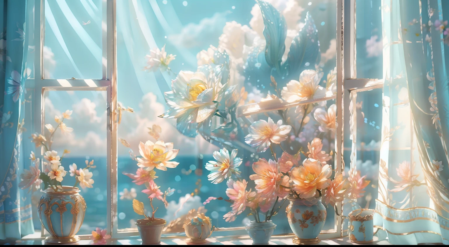 Colorful flowers bloom on the fresh blue curtains and windowsills,Through the window,You can see the blue sky、Large white clouds、The raging sea and the charm of the wind。The entire scene is characterized by the light and shadow of the particles to create a high-quality 4K picture effect。