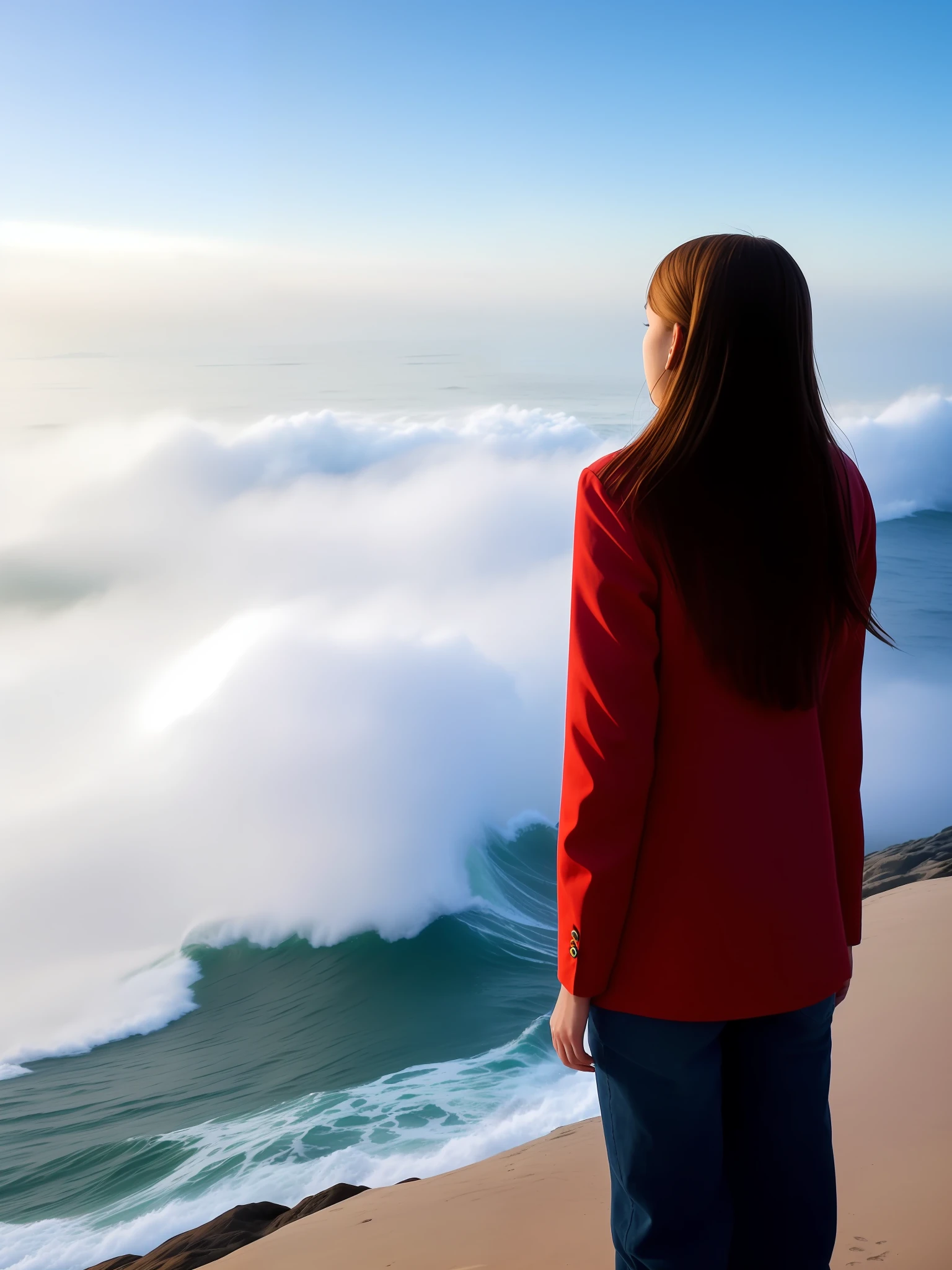An 18-year-old girl looks at the sea，There are waves and sea fog at sea