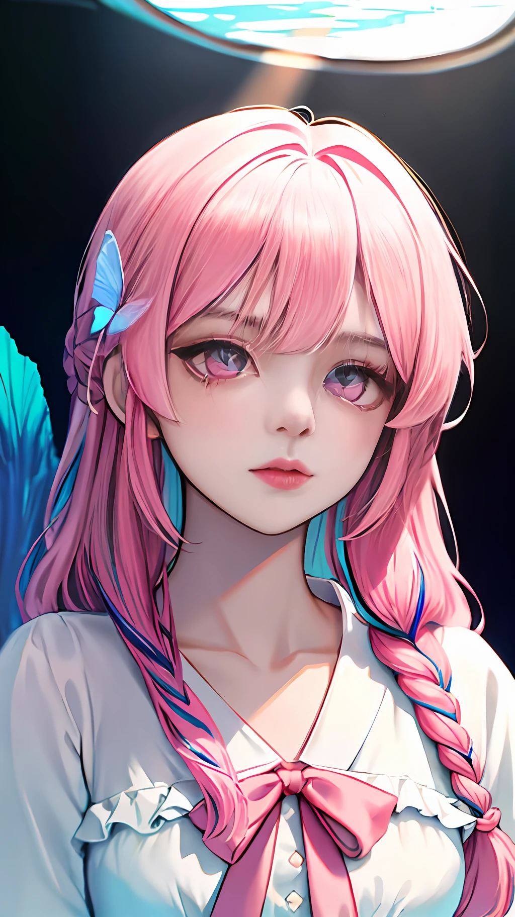 Best quality, Ultra-detailed, illustration, Intricate details, 8K, A high resolution, Extremely detailed_Eyes,
Pink eyes, duotone_Hair, lament_face, Braided_bangs, multicolored hair, Hair ribbon, (Blush:0.8), Upper body,
(Aquarium)
(Ambient light:1.3), Depth of field, EasyNegative