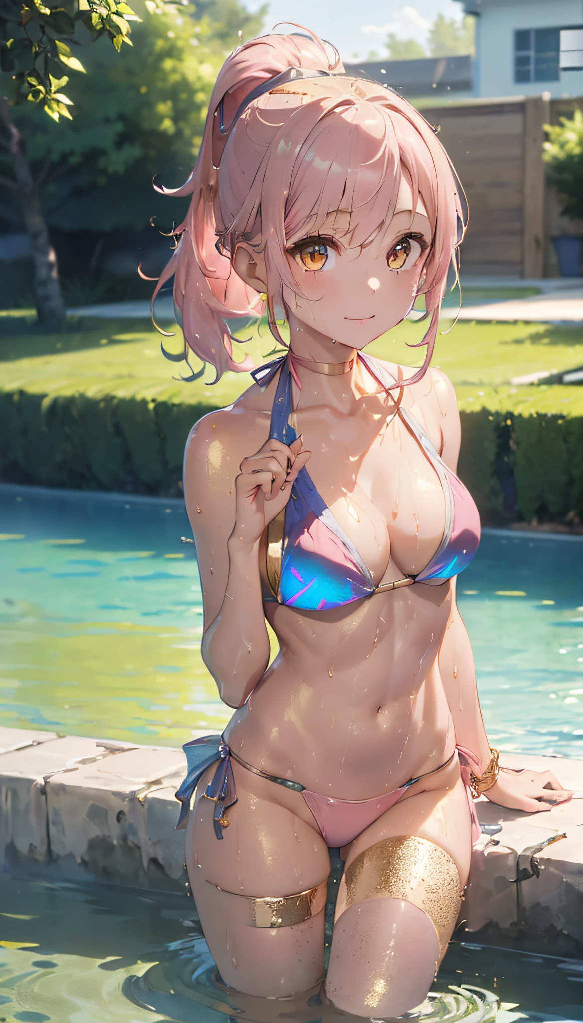 (Master masterpiece:2)、(((extremely fine and beautiful)))、(16 K:2)、(The wettest one girl:1.6)、(Metallic Hologram Bikini:1.6)、(medium large breasts)、(Transparent skin:1.6)、(Long pale pink ponytail hair:1.8)、(Golden Eyes:1.8)、(Nominal body type)、(Glamorous:1.4)、(musculature:1.4)、(thin legs:1.6)、(cute little)、(A smile)、(in poolside)、Correct anatomy、Good anatomy、Five Fingers、(((The ultra -The high-definition)))、(Ulutra HD)、(ighly detailed)), ((Very detailed and beautiful)), ((Very detailed and beautiful)), (luminism)),