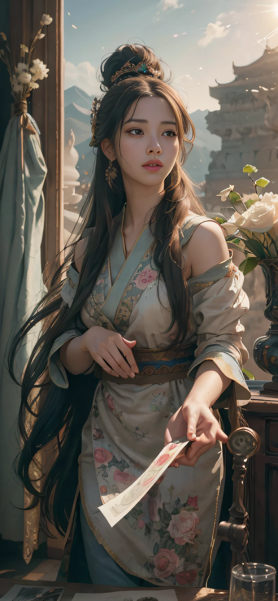 (RAW photo, best quality), (realistic, photo-realistic:1.3),best quality,highly detailed,masterpiece,ultra-detailed,illustration,1girl,upper_body,dynamic angle,world masterpiece theater,messy_long_hair,best quality,extremely detailed CG unity 8k wallpaper,ink,Amazing,cinematic lighting,lens_flare,,dunhuang_style
