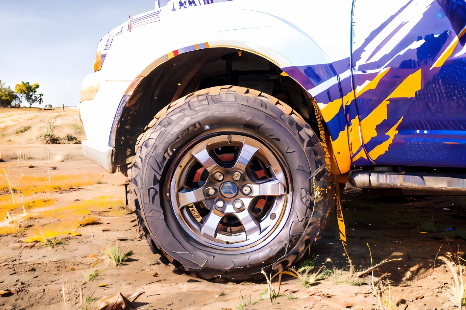 Arafed truck with a tire and a flat tire on a dirt road, Fora de estrada, vehicle photography, close up disparou um acidentado, vibrante e poderoso, marca do pneu, Fora de estrada, Detalhe poderoso, Vibrant and dynamic, ground level shot, Extremely low angle, Detalhe extremo, Foto em close-up, fechar - foto para cima, Perfect detail illustration 90s retro