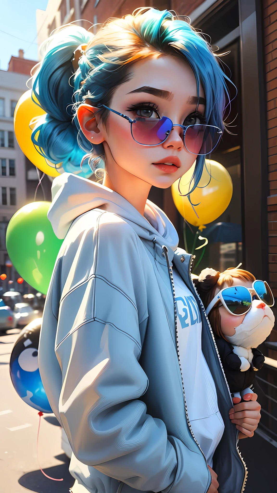Loli girl, beautiful and cute, wearing blue sunglasses, yellow jacket, white sweatshirt, lots of colorful balloons, baby face, chibi style, red and blue two-color hair, ponytail braided hair, perfect detail eyes, delicate face, perfect CG, HD picture quality, colorful balloons, sky, a white truck parked in front of a building, --auto --s2