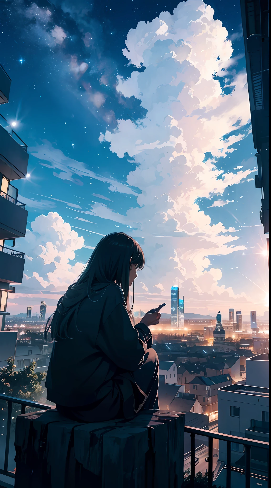octans, sky, star (sky), scenery, starry sky, night, 1girl, night sky, solo, outdoors, building, cloud, milky way, sitting, tree, long hair, city, silhouette, cityscape
