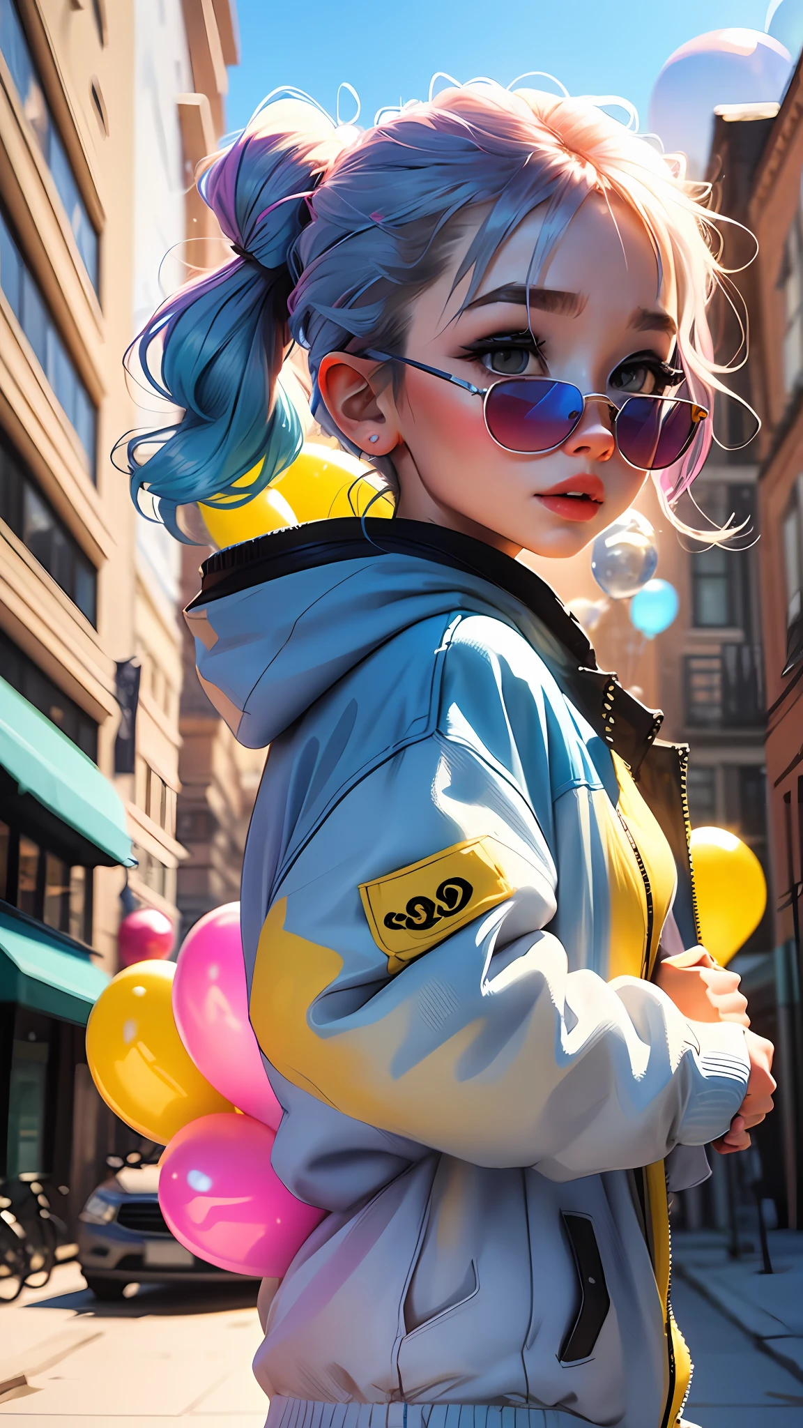 Loli girl, beautiful and cute, wearing blue sunglasses, yellow jacket, white sweatshirt, lots of colorful balloons, baby face, chibi style, red and blue two-color hair, ponytail braided hair, perfect detail eyes, delicate face, perfect CG, HD picture quality, colorful balloons, sky, a white truck parked in front of a building, --auto --s2