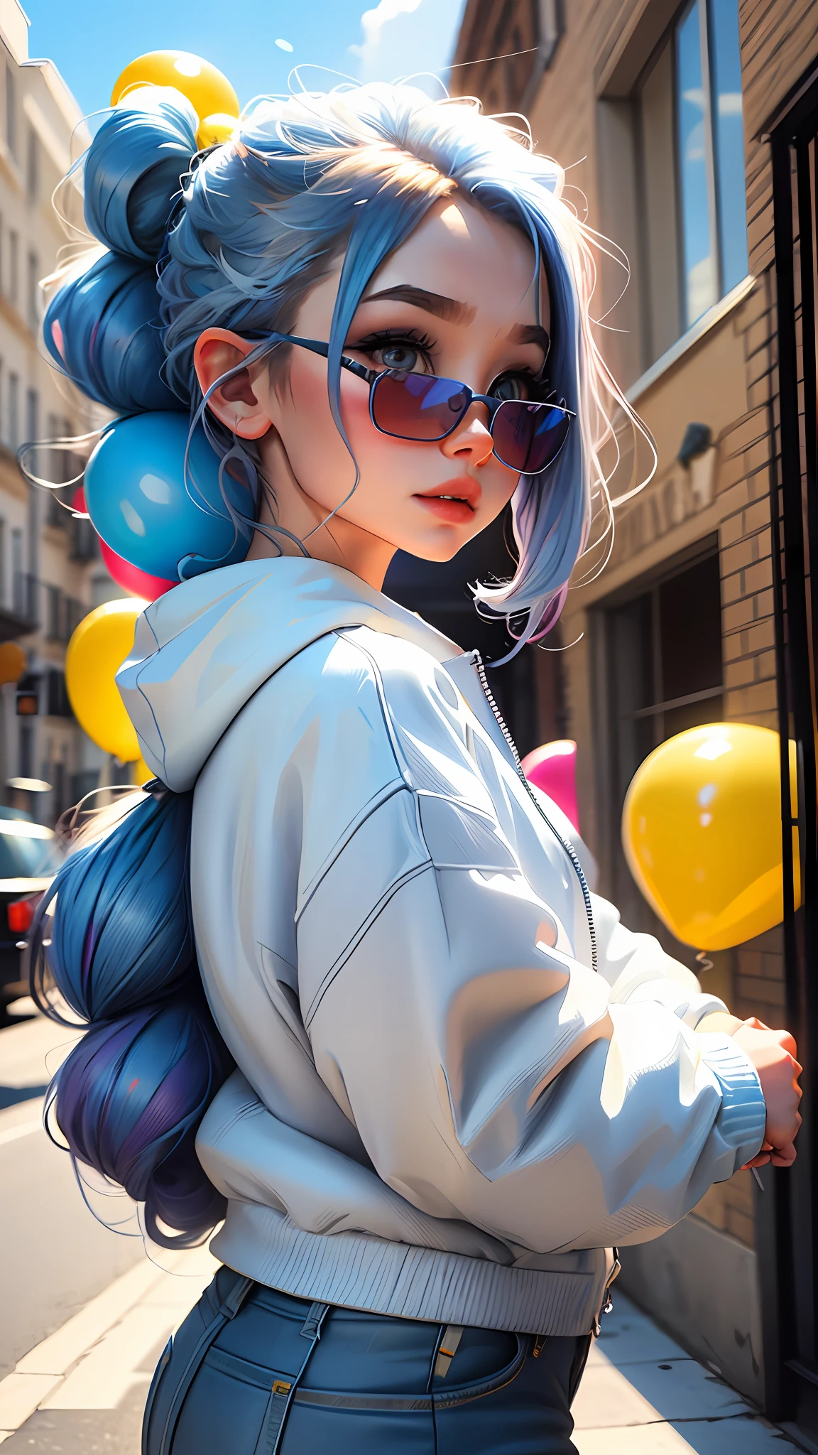girl, beautiful and cute, wearing blue sunglasses, yellow jacket, white sweatshirt, lots of colorful balloons, baby face, chibi style, red and blue two-color hair, ponytail braided hair, perfect detail eyes, delicate face, perfect CG, HD picture quality, colorful balloons, sky, a white truck parked in front of a building, --auto --s2