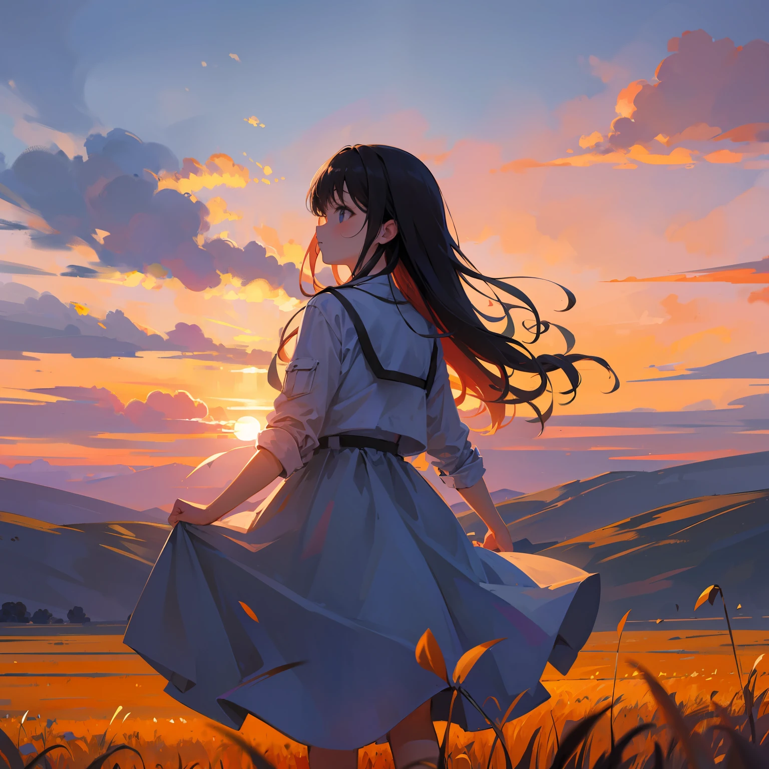 girl standing in field, closeup, portrait, clouds, sunrise