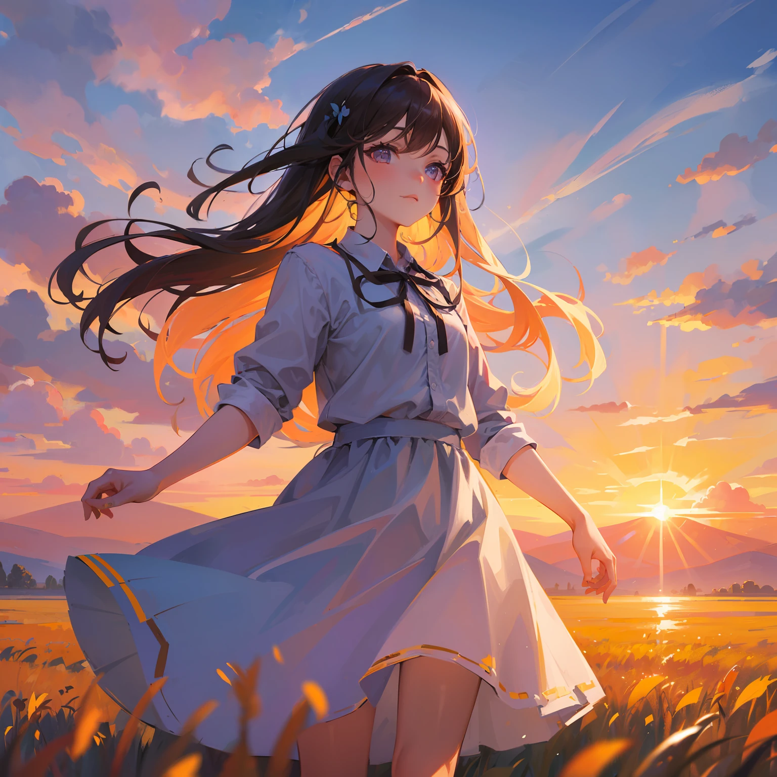 girl standing in field, closeup, portrait, clouds, sunrise
