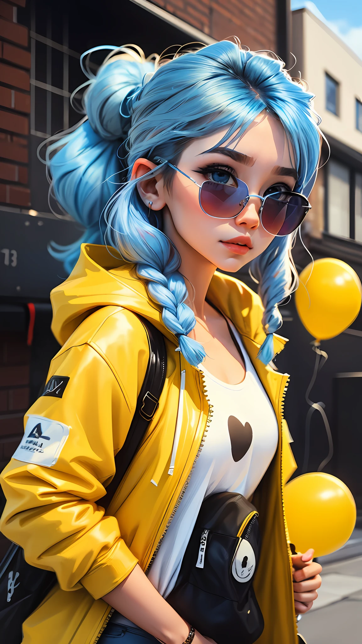 girl, beautiful and cute, wearing blue sunglasses, yellow jacket, white sweatshirt, lots of colorful balloons, baby face, chibi style, red and blue two-color hair, ponytail braided hair, perfect detail eyes, delicate face, perfect CG, HD picture quality, colorful balloons, sky, a white truck parked in front of a building, --auto --s2