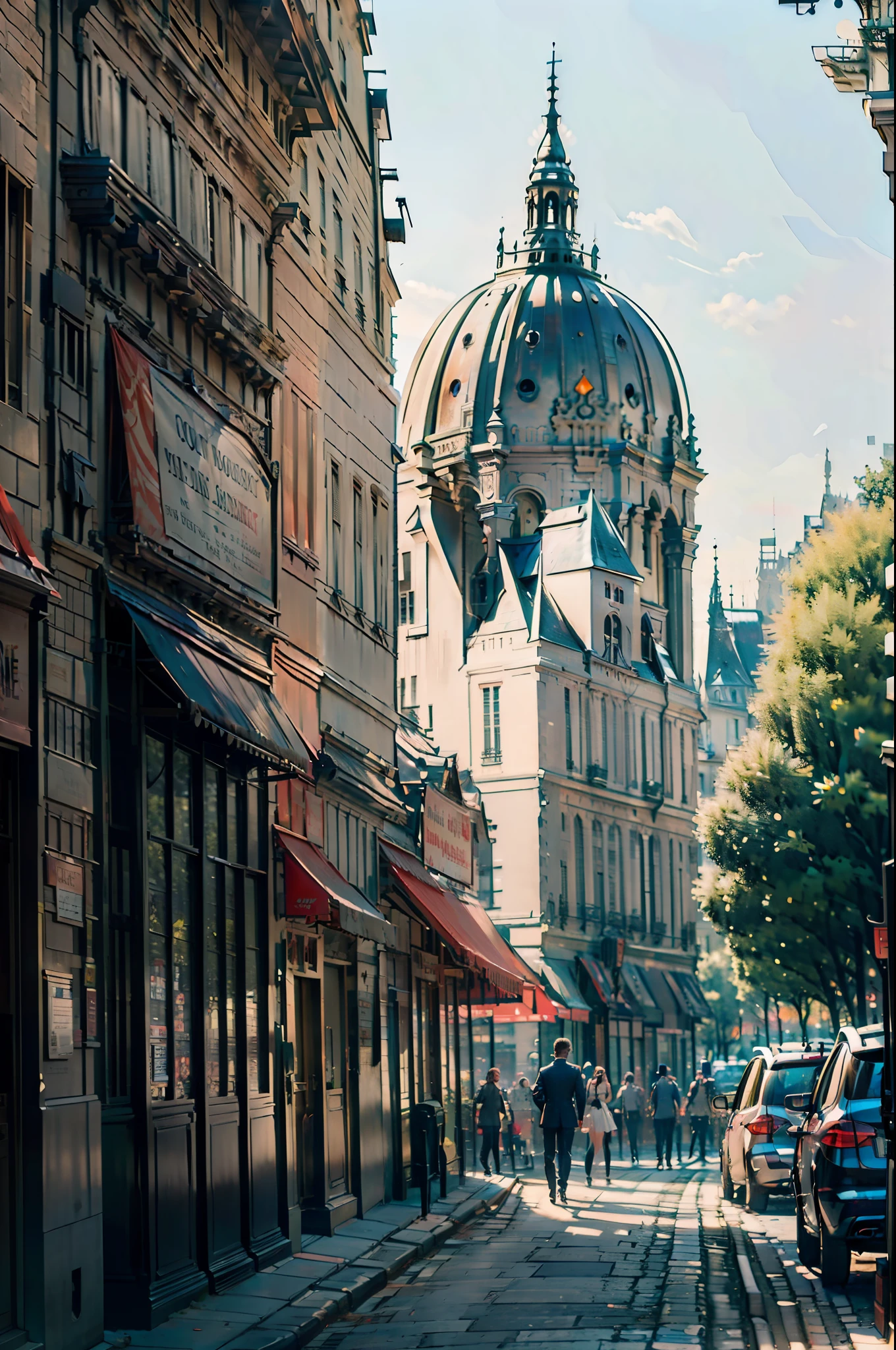 (A realistic photograph of a Beautiful Late Afternoon + in the city of Paris, Sunset Street), (Paris style + French architecture), (High Quality + Best Lighting), (Beautiful Sunset) (blue / orange / red sky + birds), (Dynamic angles + continuous path), (Nostalgic + memory style + twilight), (main frame: street + building) +( empty streets, no people and no cars, just the beautiful architecture of Paris for contemplation)+(feeling of peace and tranquility) + (scenery cinematic).