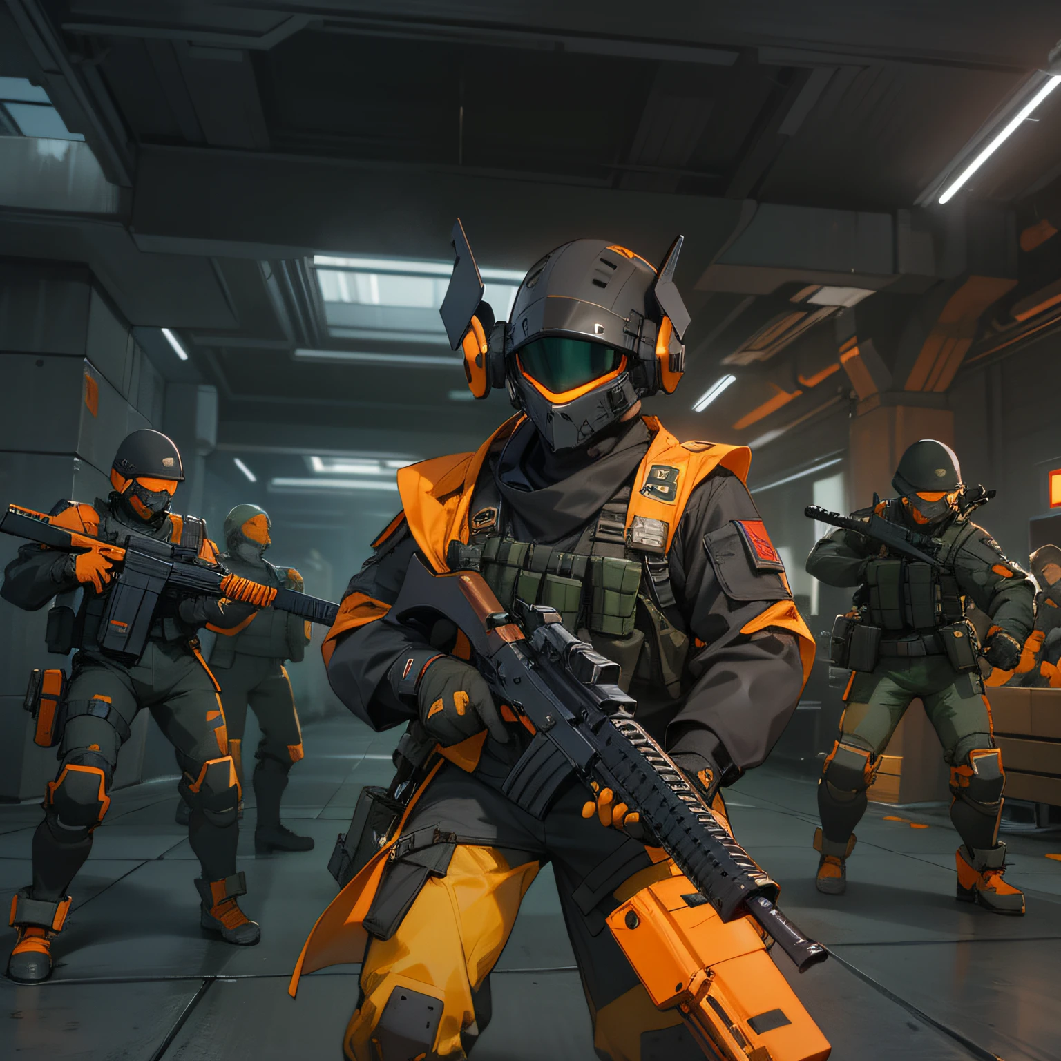 There were two men wearing black helmets and orange vests holding green weapons, Screenshot inspired by Ferdinand Rušcci, Tumblr, conceptual art, inside a futuristic army base, in game, screenshot from an fps, tactical team in hell, First-person screenshot, Screenshot of Roblox, rendered in unrealengine, digital screenshot, future combat gear, in game graphic