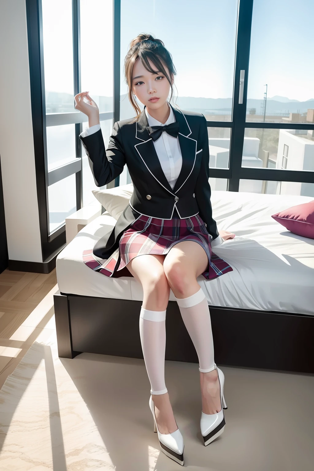 （tmasterpiece，best qualtiy：1.2），Surrealist girl，独奏，1girll，（shiny skins，wetted skin：1.2），perspired，A slight smil，looking at viewert，high-heels，Smooth skin，long leges，校服，white  shirt，Plaid skirts，upper legs，in the afternoon，Nice face，hyper-realistic environment，plumw，Raised sexy