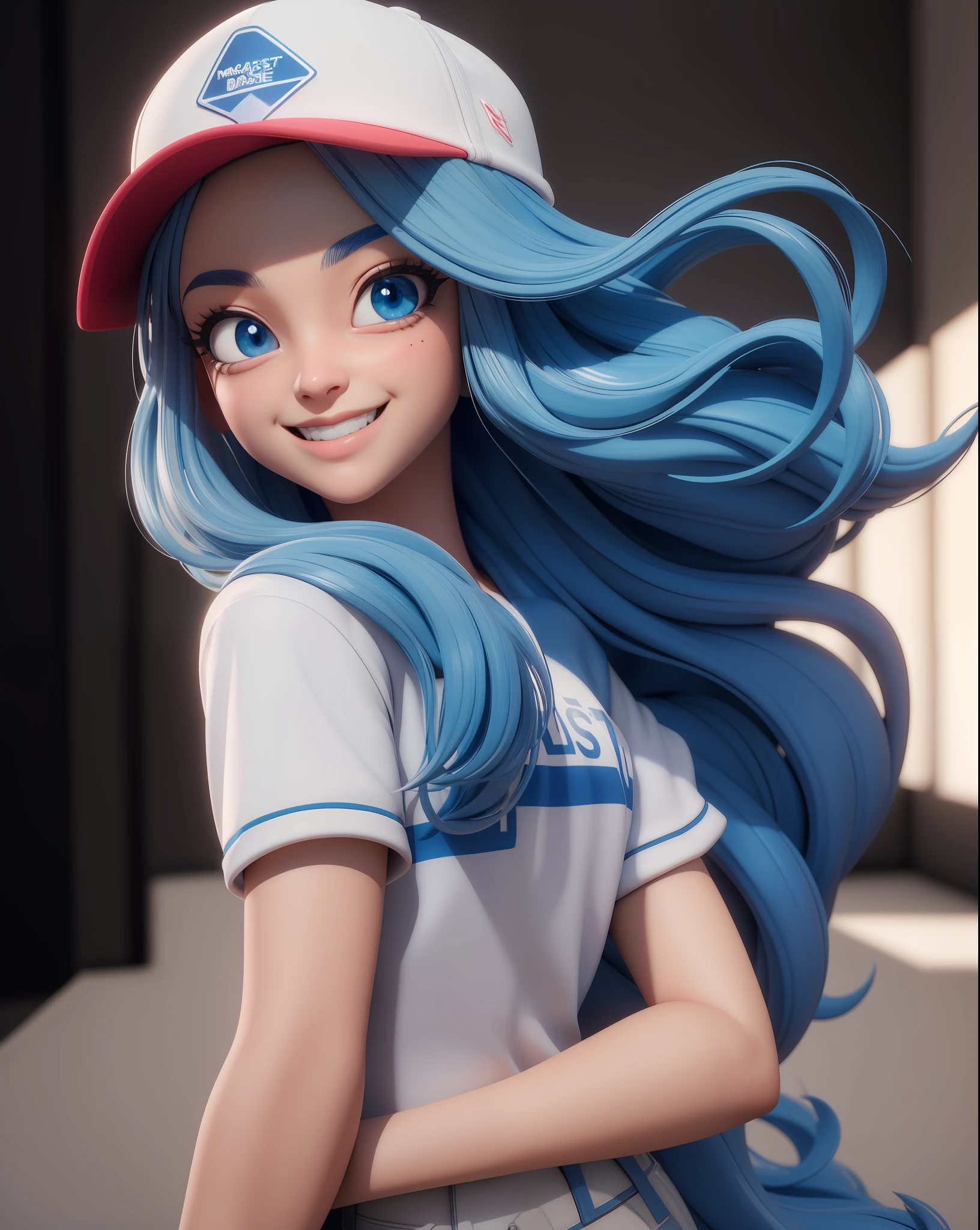 (masterpiece:1.5), (best quality:1.5), highres, highly detailed,3dmm,1girl, big blue eyes, long blue hair, white baseball cap, smiling, looking at viewer, cute and girly\(idolmaster\), 3d rendering, octane rendering, subsurface scattering skin, soft bright lighting, clear focus , clean background, perfect face, perfect eyes,