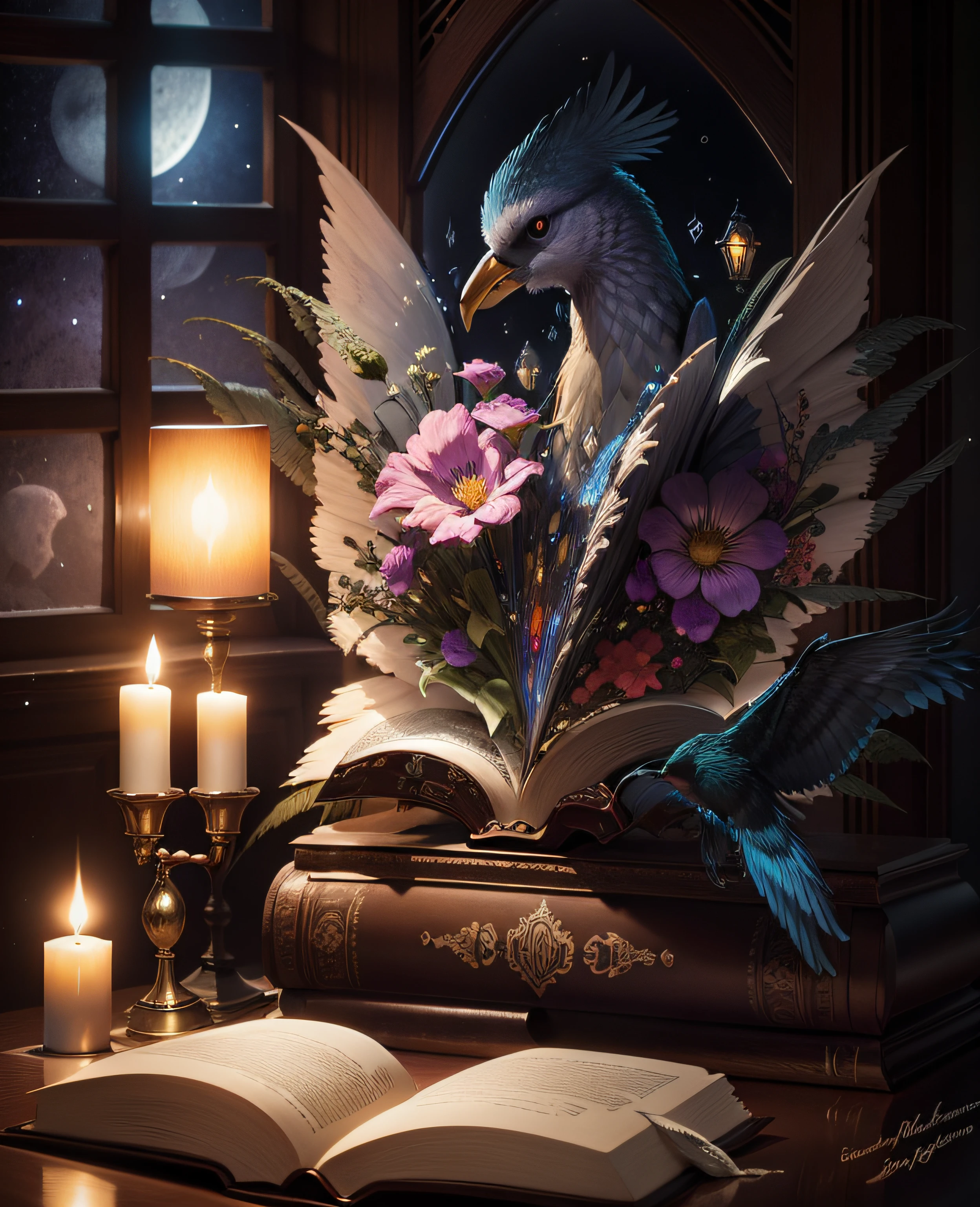 stained glass, bird, open book, full moon, candle, Art Deco, Gothic art, reflection light, diffraction spikes, f/16, 85mm, masterpiece, high quality, 8k --auto