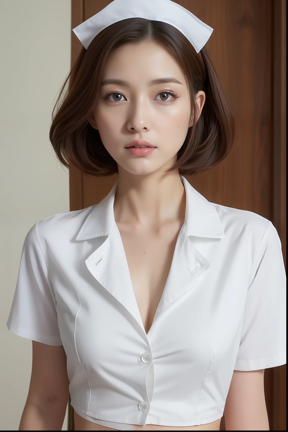 ((nurse))、Angel in White、Extraordinary Beauty、Inside the hospital、(((a miniskirt)))、((The shirt is unbuttoned and the chest is open.))、((Nurse clothes with a lot of exposure))、Short-cut hairstyles 、Women in Japan、Photorealsitic、Beautiful detailed eyes、Hyper-Realism、highcontrast、Ultra HD、realistic skin textures、Top image quality、top-quality、超A high resolution、Fine details、Very meticulously