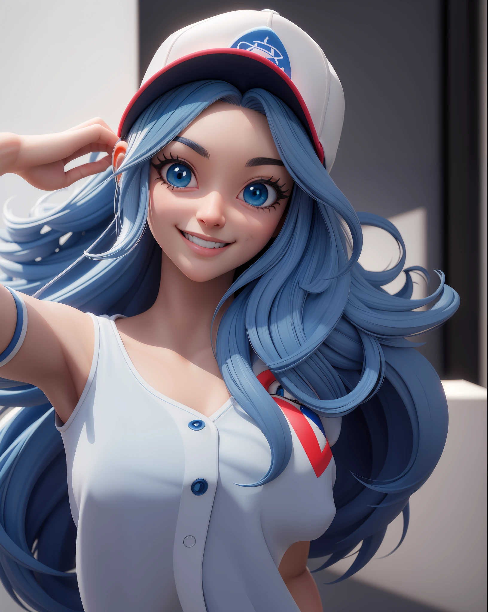 (masterpiece:1.5), (best quality:1.5), highres, highly detailed,3dmm,1girl, big blue eyes, long blue hair, white baseball cap, smiling, looking at viewer, cute and girly\(idolmaster\), 3d rendering, octane rendering, subsurface scattering skin, soft bright lighting, clear focus , clean background, perfect face, perfect eyes,