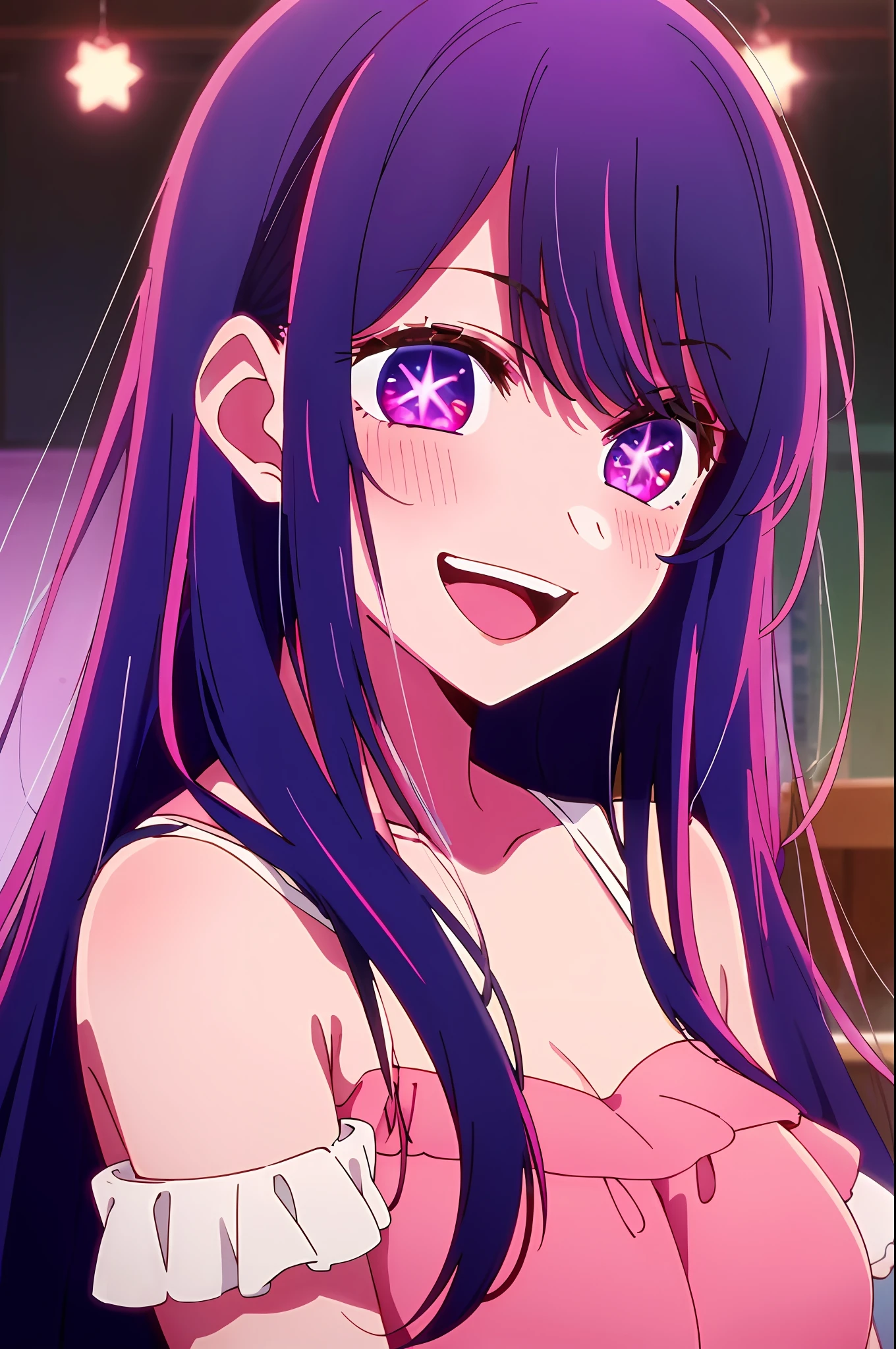 ​masterpiece、ighly detailed、(1 girl in:1.2)、purple color  hair、pink  dress、big eye、a closeup、A smile、8K、Ai Hoshino、Live performance venue、ダブはピース✌️