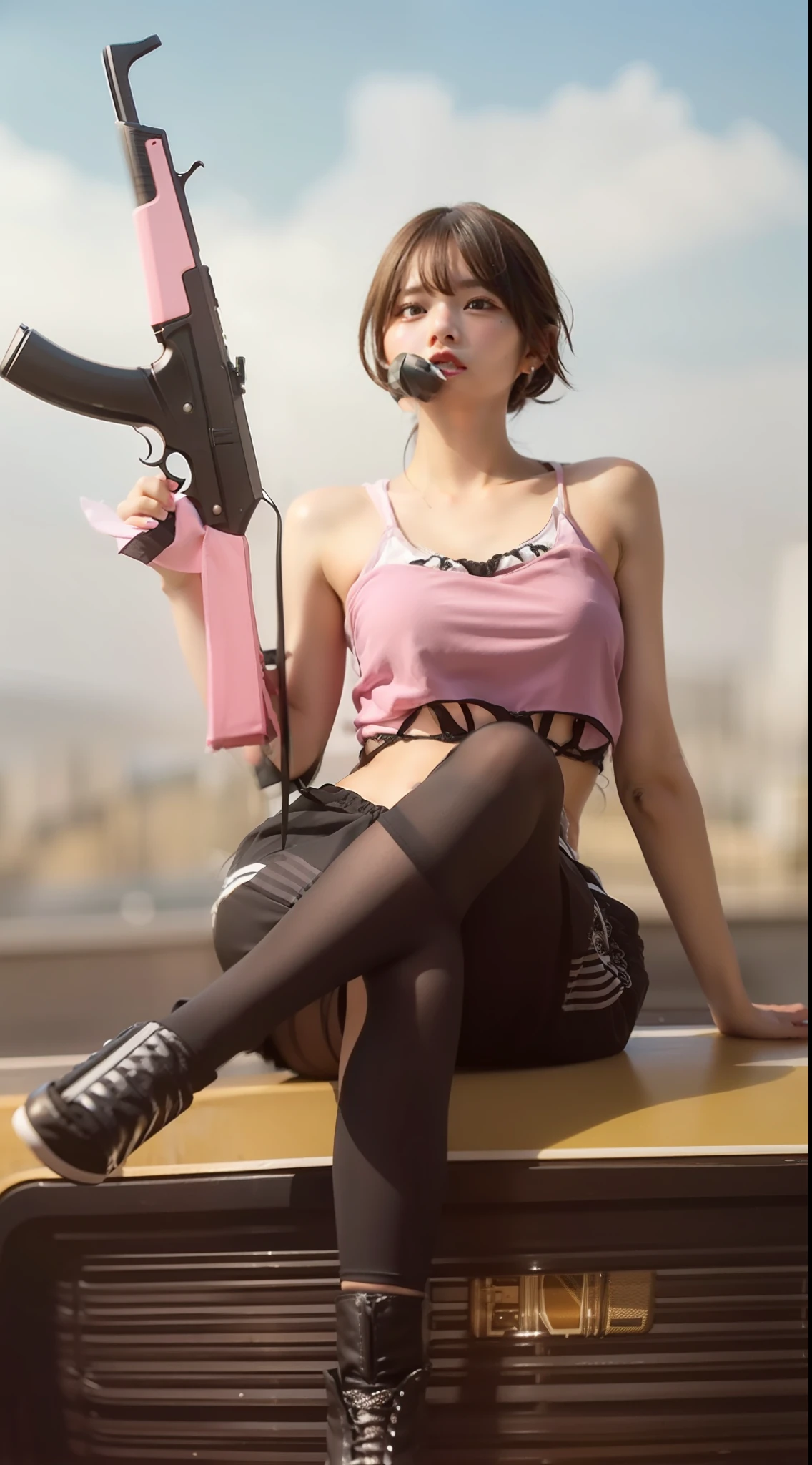 1girl, Dress Shorts, Dress White, Long Hair, Black Hair, Black Shorts, Bring Guns, Realistic, Ultra Detail, 70mm Lens