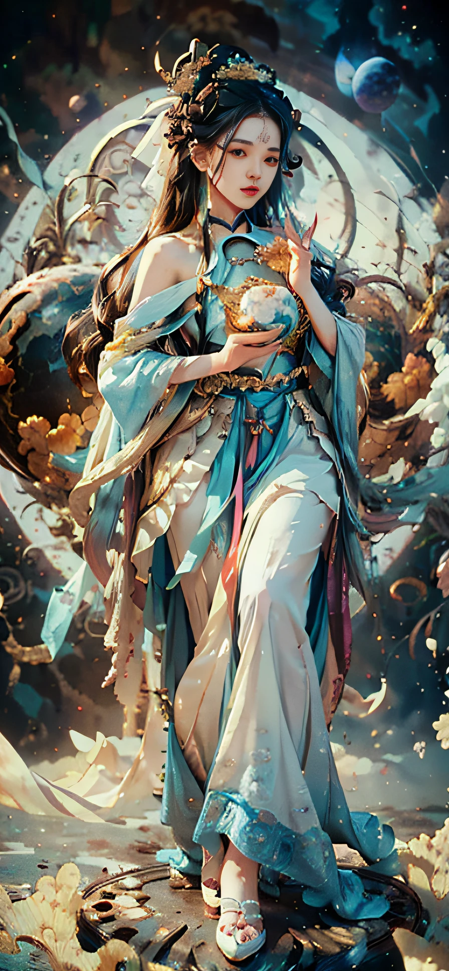 1girl,chibi,a girl holding a small planet,(full body) solo, hanfu, flower field, blossom, (white smokes:1.3) (photorealistic:1.4), zentangle, mandala, entangle, official art, unity 8k wallpaper, ultra detailed, beautiful and aesthetic, masterpiece,best quality, (dynamic angle:1.4), glowing skin, (floating colorful sparkles:1) the most beautiful form of chaos, elegant, a brutalist designed, vivid colours, romanticism , depth of field, , planet,blue flower hairclip,planet,(5 fingers,detailed hand) 1girl,a girl holding a small planet,(full body) solo, hanfu, flower field, blossom, (white smokes:1.3) (photorealistic:1.4), zentangle, mandala, entangle, official art, unity 8k wallpaper, ultra detailed, beautiful and aesthetic, masterpiece,best quality, (dynamic angle:1.4), glowing skin, (floating colorful sparkles:1) the most beautiful form of chaos, elegant, a brutalist designed, vivid colours, romanticism , depth of field, , planet,blue flower hairclip,planet,(5 fingers,detailed hand)