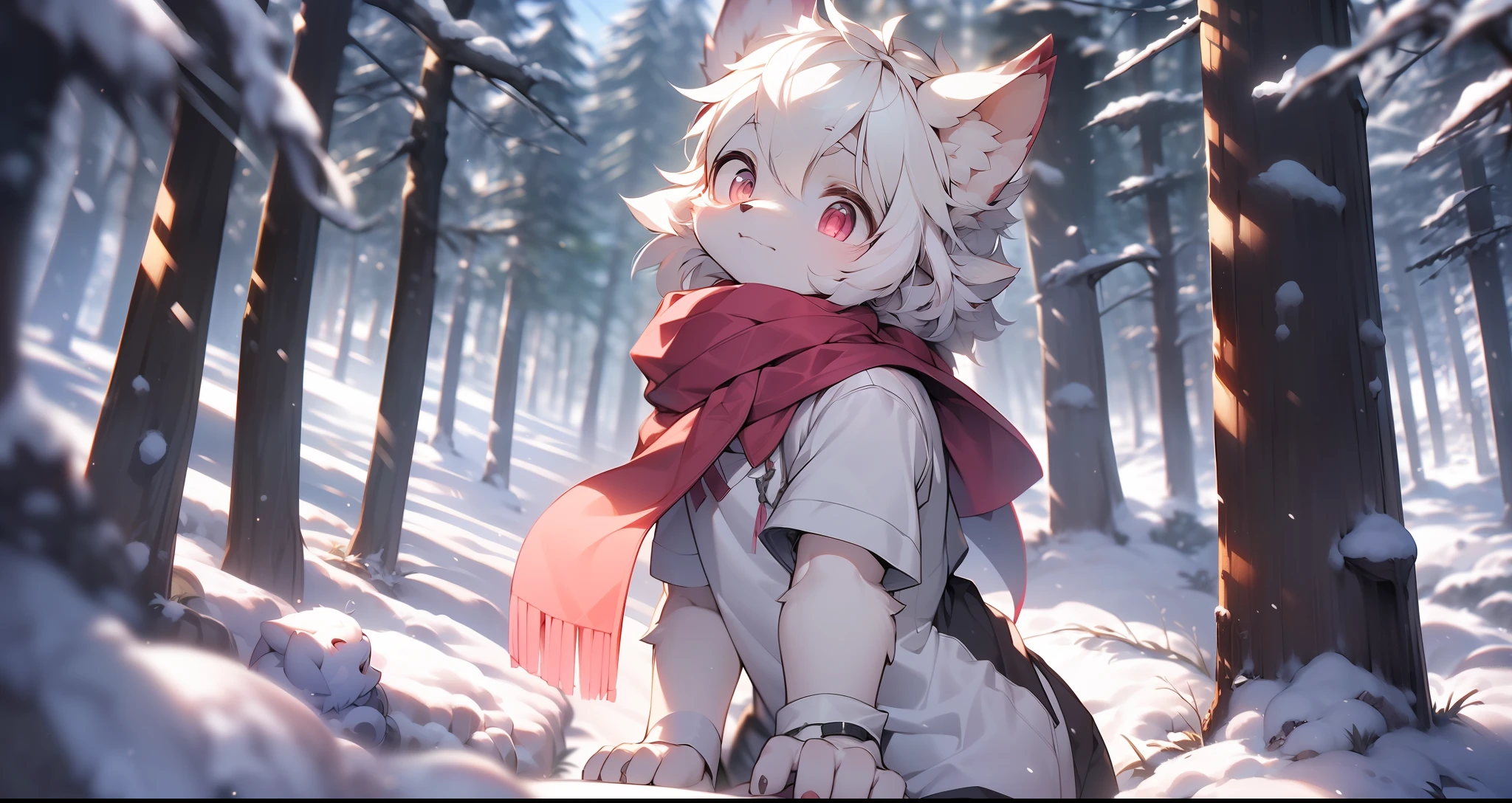 A wolf，(((Shota)))，((Pink and white hair))，(Wearing a pink scarf)，((Be surrounded by snow-capped scenery in the early morning))，(Light penetrates the forest)，((Extreme light and shadow)),((Warm light))