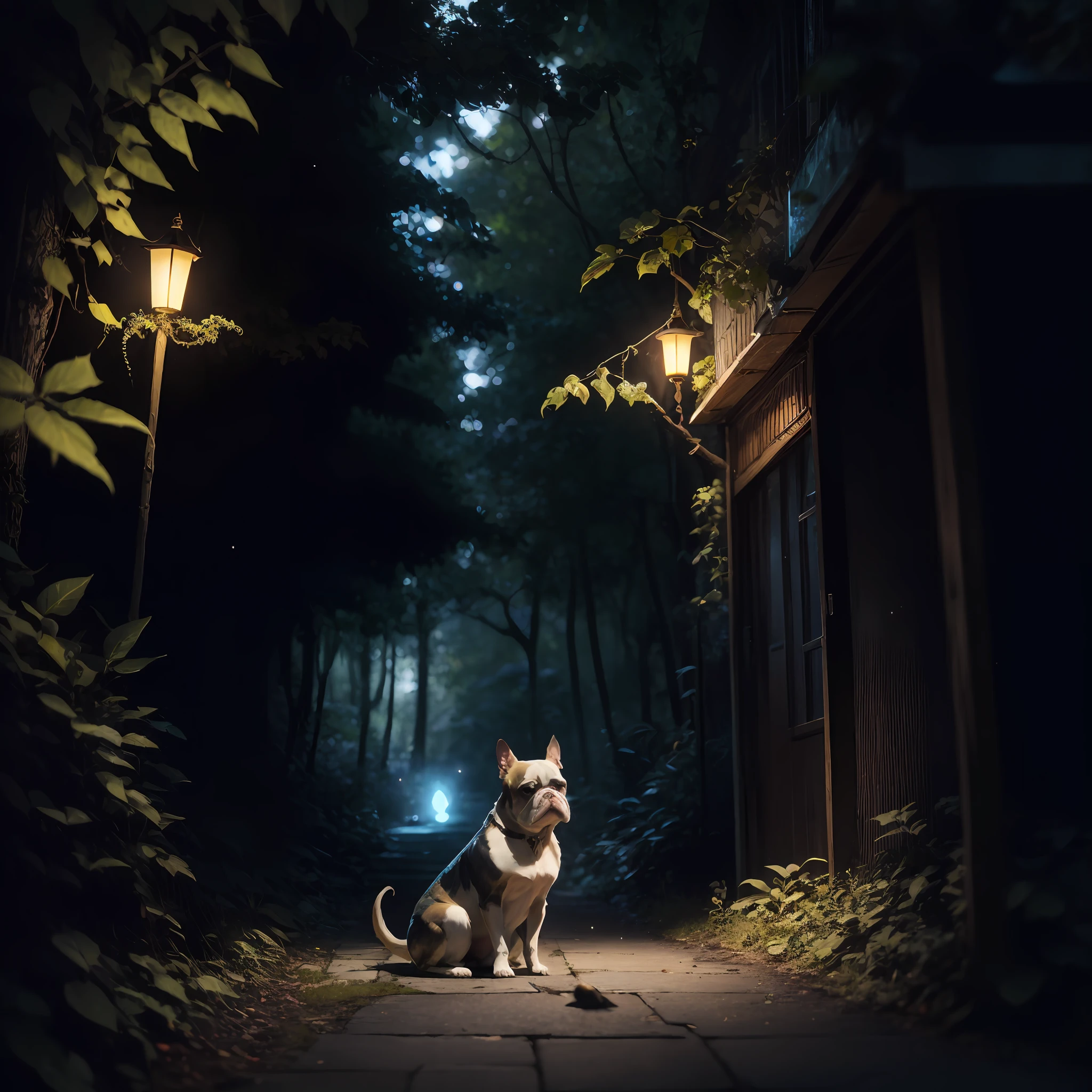 masterpiece, Best quality at best, (Highly detailed CG integrated 8k wallpapers), (Best quality at best), (The best illustrations), (best shadows), Glowing elves with glowing deer, Drinking water in the pool, Natural elements of the forest theme. Mysterious forests, Beautiful forest, Nature, Delicate leaves and branches surrounded by flowers Fireflies (natural elements), (jungle theme), (leafs), (branch), (Fireflies), (particle effects) and other 3D, Octane rendering, Ray traching, A highly detailed, French Bulldog --auto --v6