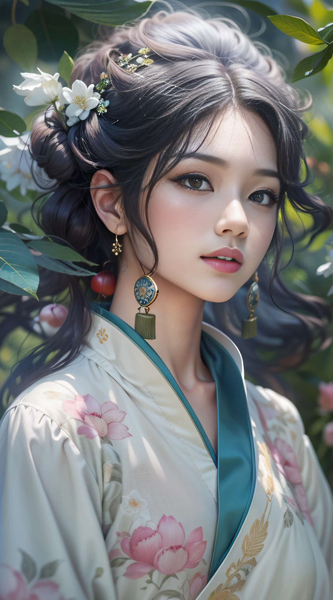 Exquisite and exquisite Chinese beauty，with short black hair，naturally straight hair，Superb sophistication，Good facial features，Peerless beauty，softness，dreamlike quality，Reallightandshadow，Ultra-fine brunette hair，Wear an ice flower dress，She wears a beautiful hair ornament on her head，Delicate melon seed face，Delicate skin，frontage，with blue sky and white clouds，Cover of a，zoom，Collar，Hyper-detailed painting，with light glowing，Natural soft light，复杂，4K，Naturally moving，Realistic，超高分辨率