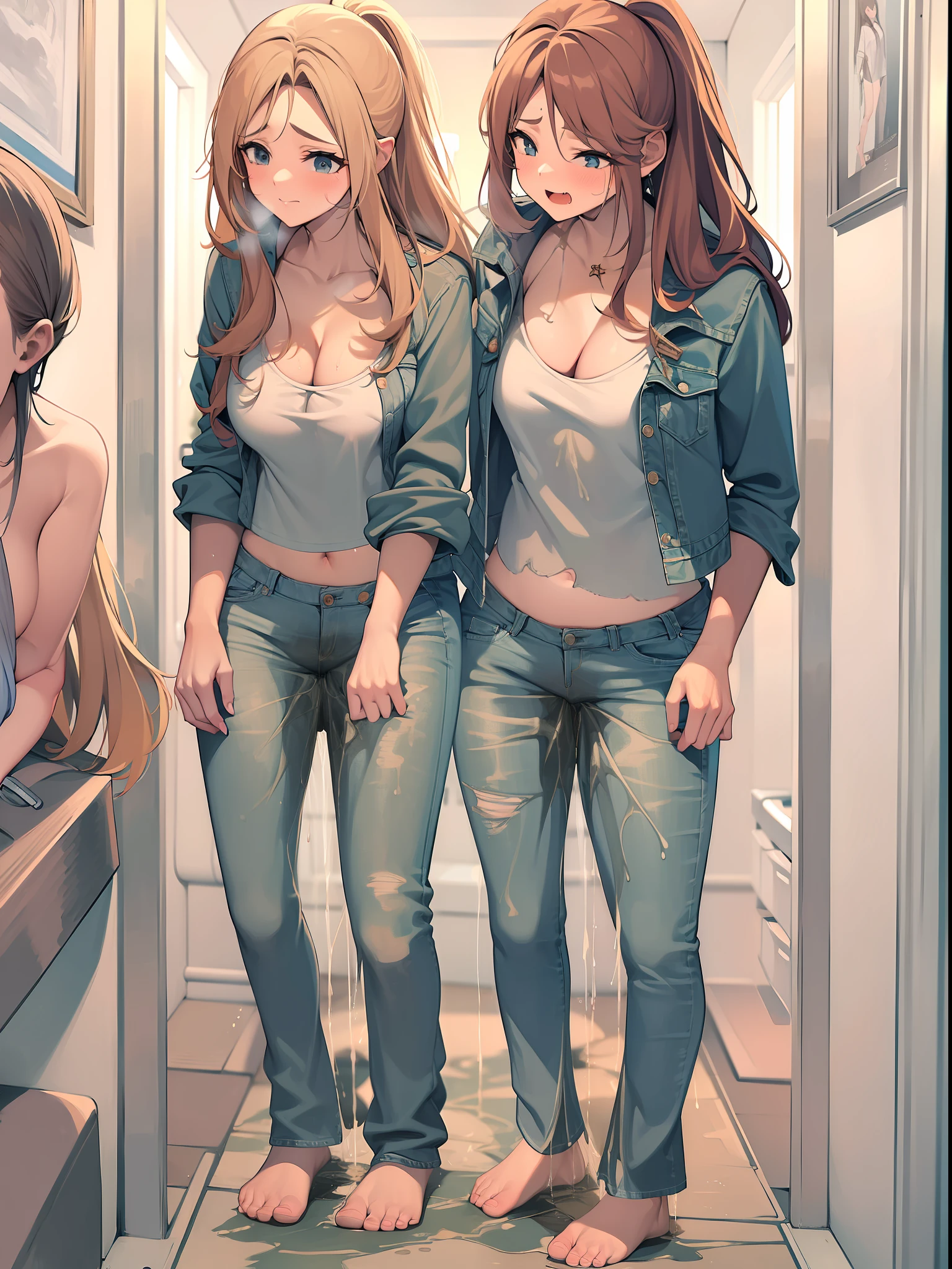 nsfw, masterpiece, best quality, high resolution, 3girls at the age of 20 year wearing ((jeans pants)), crop top and barefeet in a restroom, blushing and worried, full body, ((((((big pee stain))))))